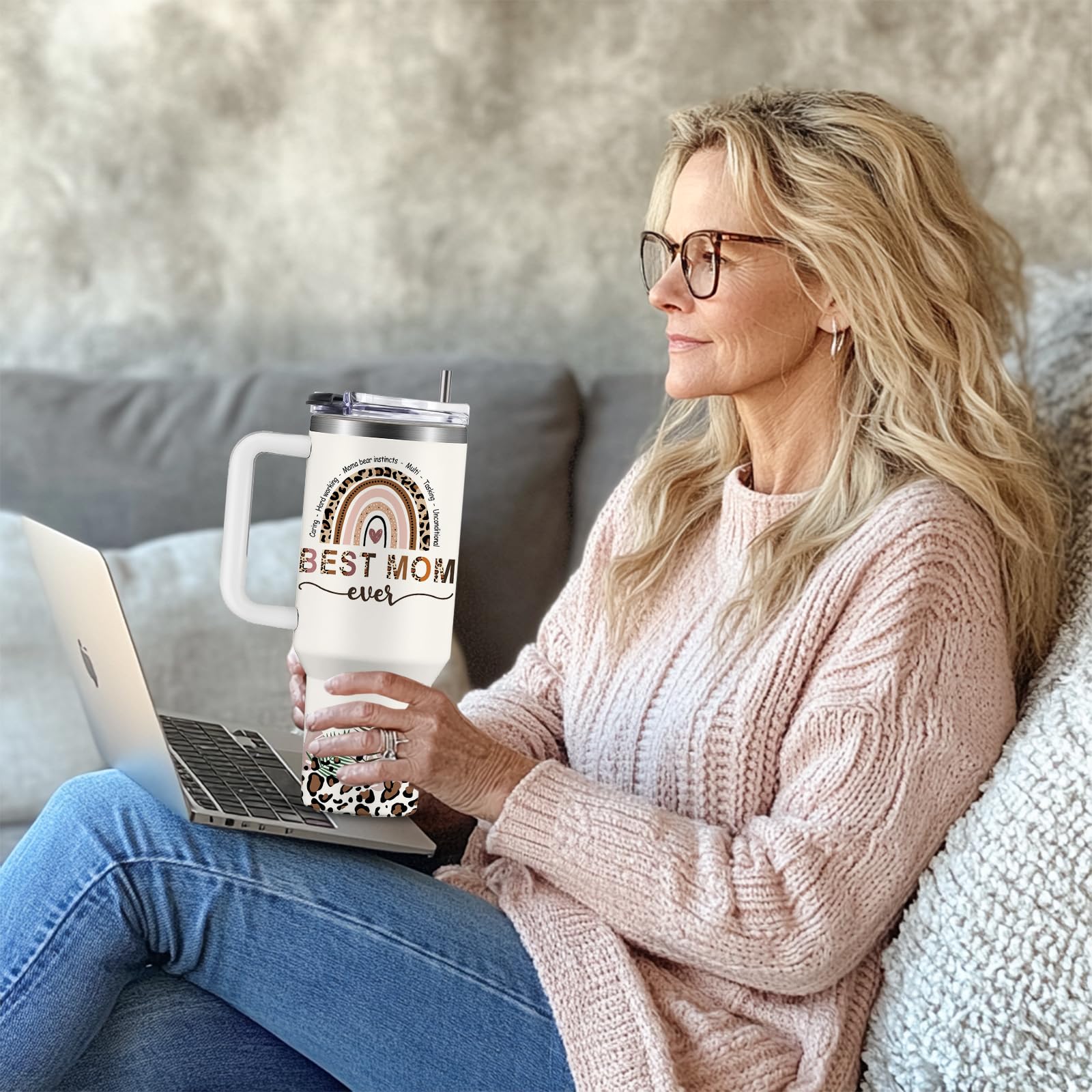 Mom Gifts for Best Mom Ever Tumbler, Birthday Gifts for Moms Tumbler with Handle, Mothers Day Gifts for Mama Mug Large, 40oz Moms Nutrition Facts Cup, Leopard Print