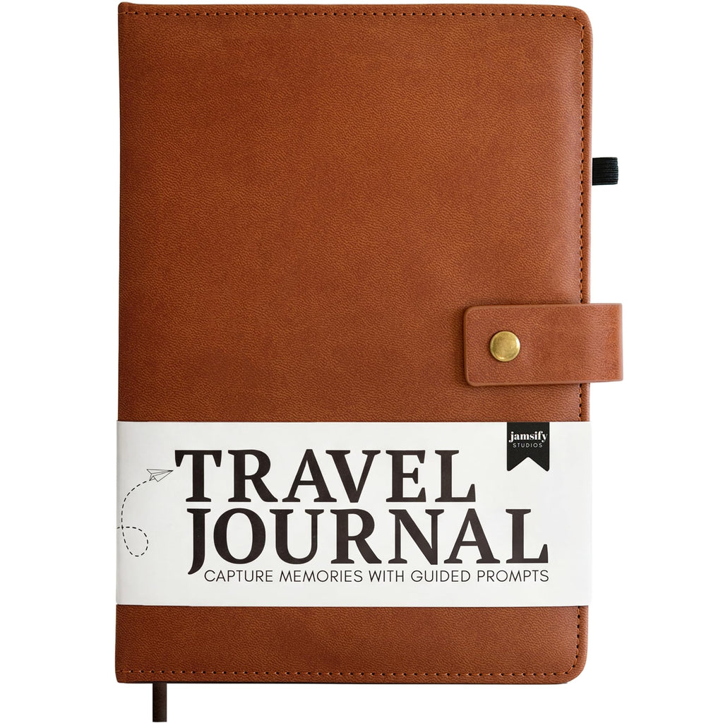 Jamsify Studios Travel Journal with Prompts (Hardcover) 2nd Edition - Vegan Leather Adventure Essential - 2-Page-A-Day Travel Journal (40 Days) for Women Men Nonbinary - A5 Daily Diary & Traveler Notebook - Gift - Present