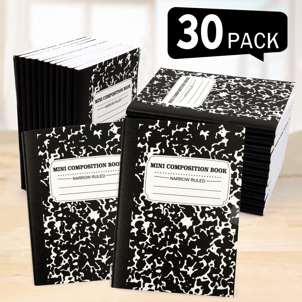 feela Mini Composition Notebook, Cute 30 Pack Black Narrow Ruled Mini Composition Books Bulk, Small Pocket Marble Journal Notebooks for Kids Students College Office, Pocket Size 4.5 x 3.25 in