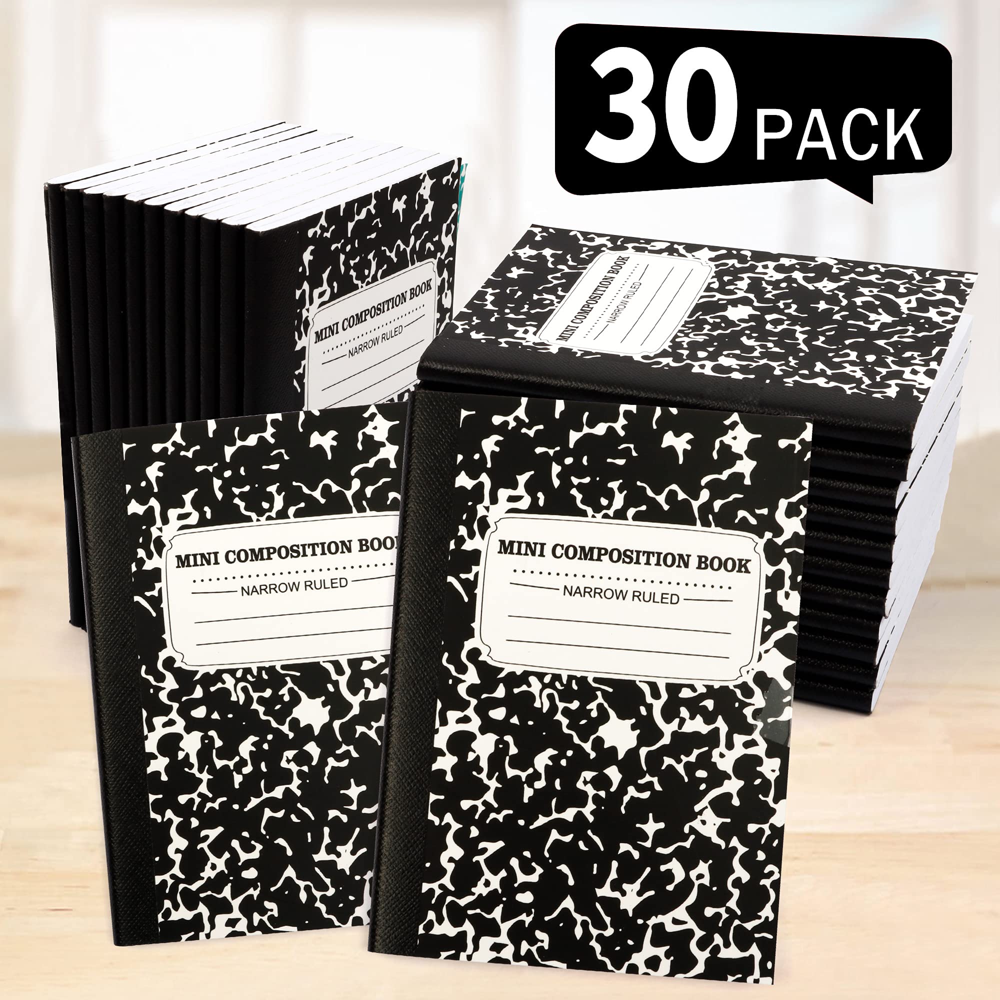 feela Mini Composition Notebook, Cute 30 Pack Black Narrow Ruled Mini Composition Books Bulk, Small Pocket Marble Journal Notebooks for Kids Students College Office, Pocket Size 4.5 x 3.25 in
