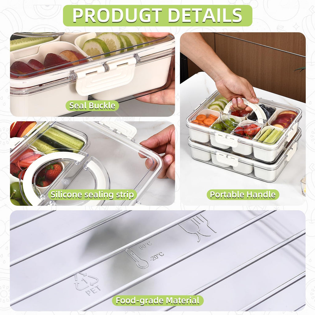 Snackle Box 8 Compartment Divider Box, Divided Serving Tray with Lid and Handle - Charcuterie Container for Portable Snack Platters - Clear Organizer for Candy, Fruits, Nuts - Perfect for Party