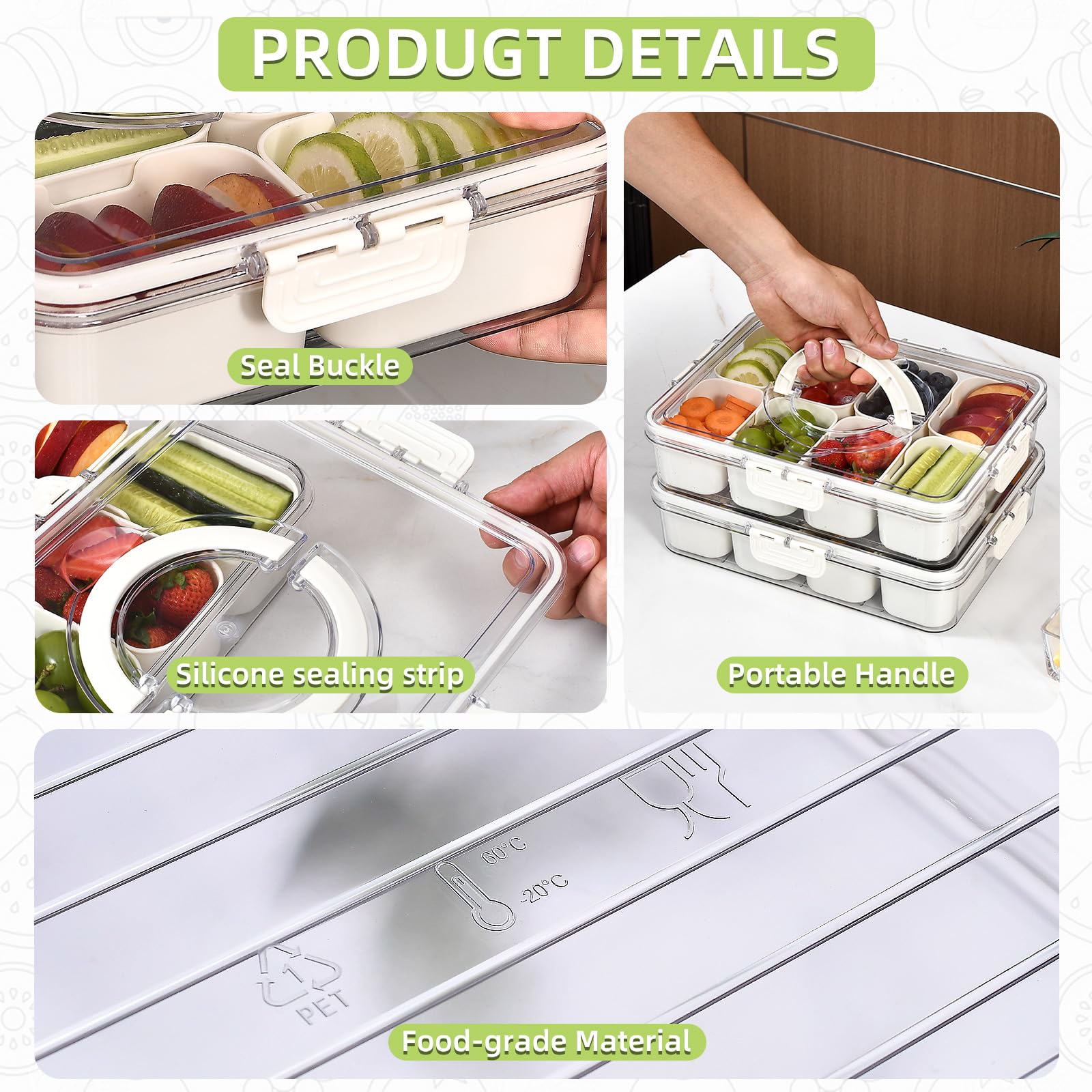 Snackle Box 8 Compartment Divider Box, Divided Serving Tray with Lid and Handle - Charcuterie Container for Portable Snack Platters - Clear Organizer for Candy, Fruits, Nuts - Perfect for Party