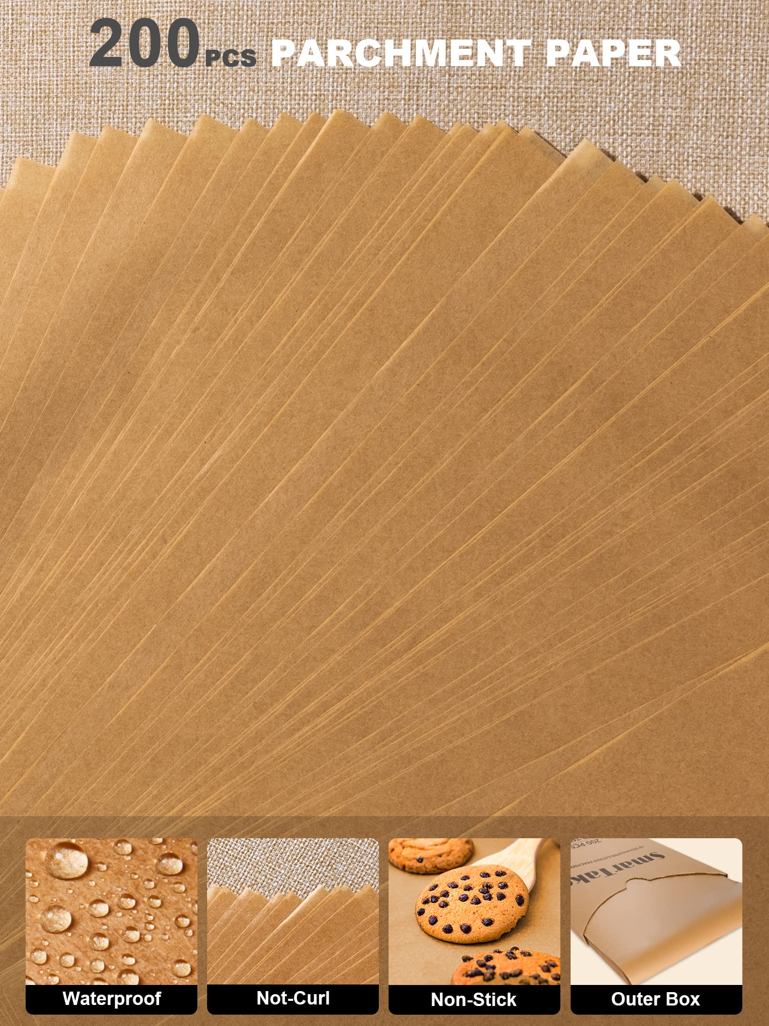 SMARTAKE 200 Pcs Unbleached Parchment Paper Baking Sheets, 12x16 Inches（9x13 Optional）, Non-Stick, Precut for Baking, Grilling, Air Fryer, Steaming, Bread, Cup Cake, Cookie