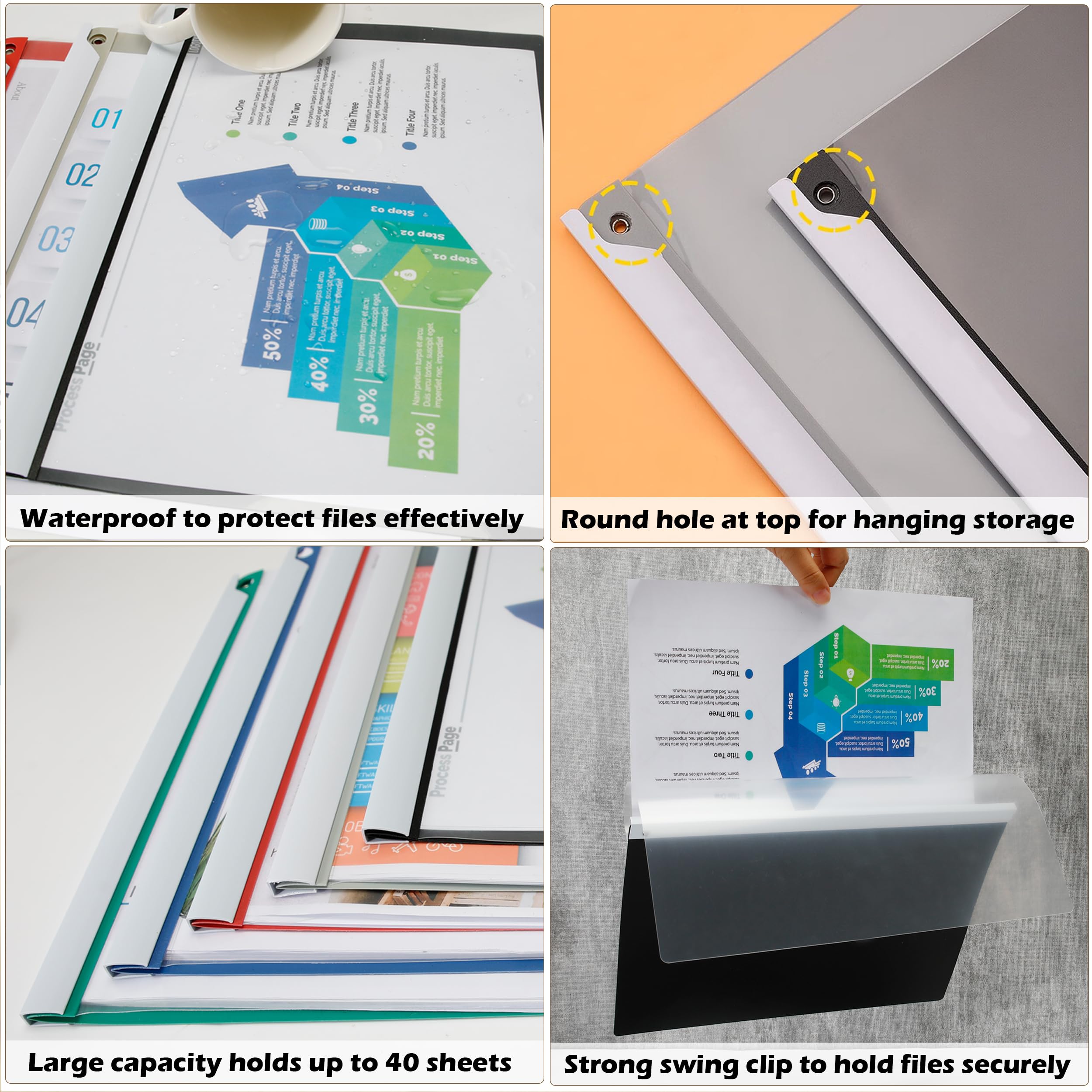 Dlicoda Report Sleeves with Swing Clip, 10 Pieces Clear Presentation Folders File Folder for A4/Letter Size, 8.9 x 11.8 inch, 40 Sheets Capacity, No Punch Needed (Multicolor)