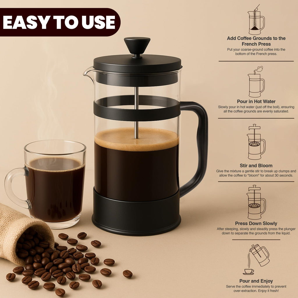 KICHLY - 34 Ounce French Press Espresso and Tea Maker with Triple Filters, Stainless Steel Plunger and Heat Resistant Borosilicate Glass, Black
