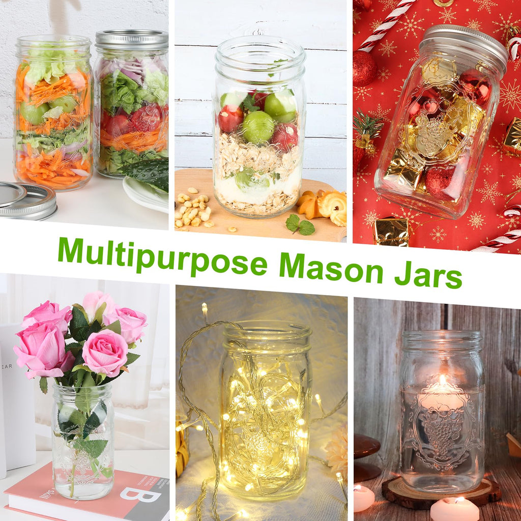 HWASHIN Wide Mouth Mason Jars 32 oz, 6 Pack Quart Canning Jars with Airtight Lids and Bands, Clear Glass Mason Jars for Canning, Pickling, Preserving, Meal Prep