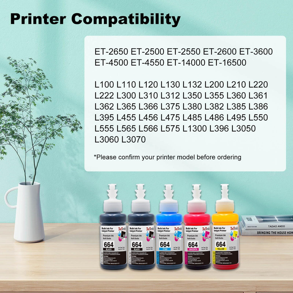 TacTink 664 Ink Refill Bottles Replacement for T664 Ink tp Work with Epson ET-2650 ET-2500 ET-2550 ET-2600 ET-4500 ET-14000 L100 L110 L120 L200 L210 L300 L350 L355 L550 L555 Printers (5 Pack)