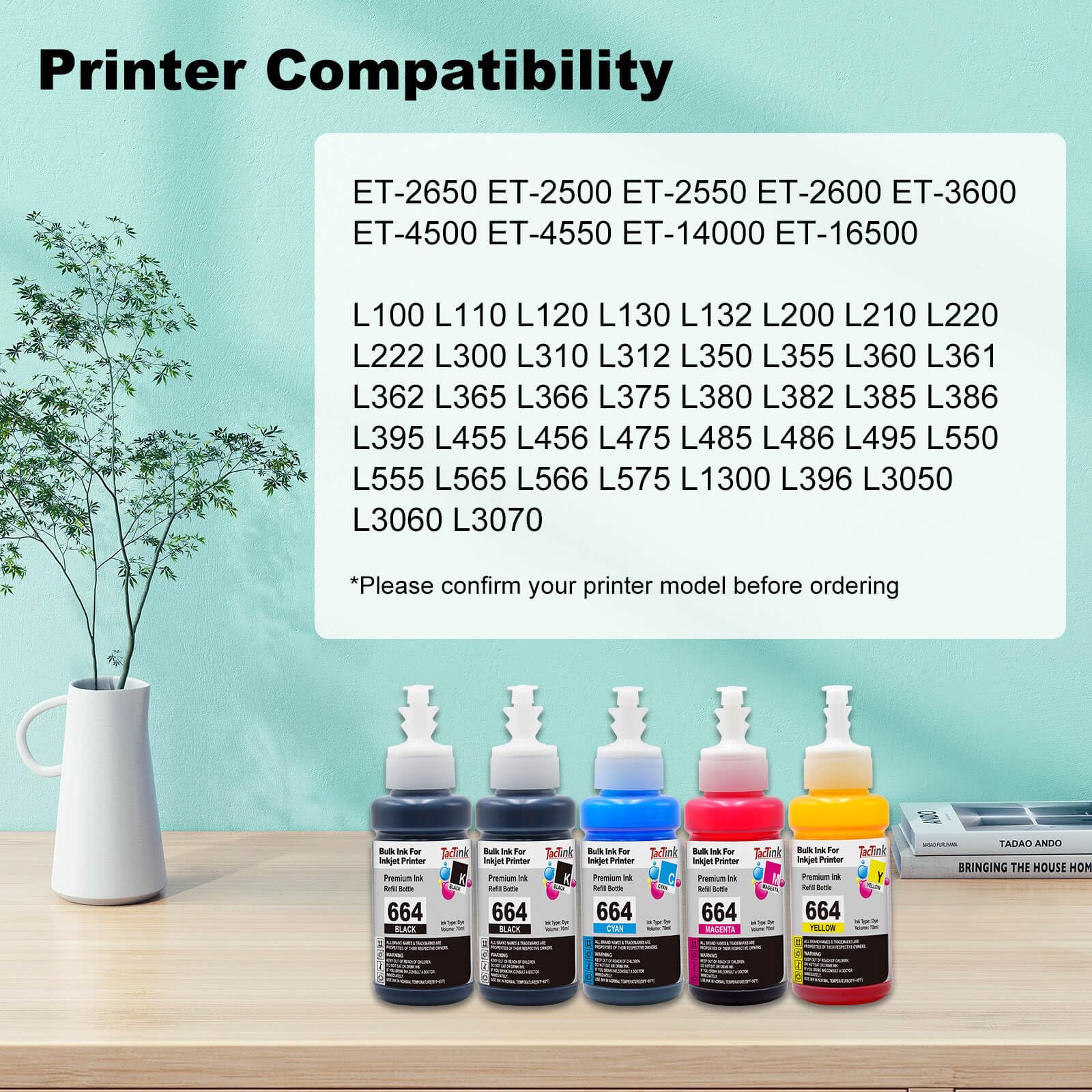 TacTink 664 Ink Refill Bottles Replacement for T664 Ink tp Work with Epson ET-2650 ET-2500 ET-2550 ET-2600 ET-4500 ET-14000 L100 L110 L120 L200 L210 L300 L350 L355 L550 L555 Printers (5 Pack)