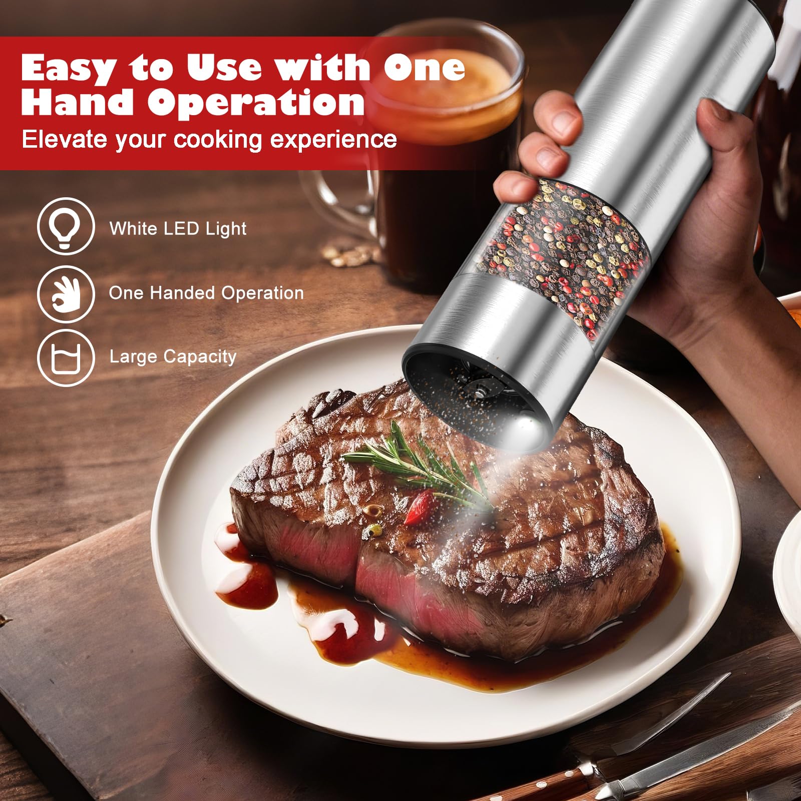 Rechargeable Electric Salt Pepper Grinder - Electric Salt or Pepper Mill with Ceramic Grind Refillable Salt Grinder Adjustable Coarseness Pepper Mills Automatic Salt Pepper Shaker