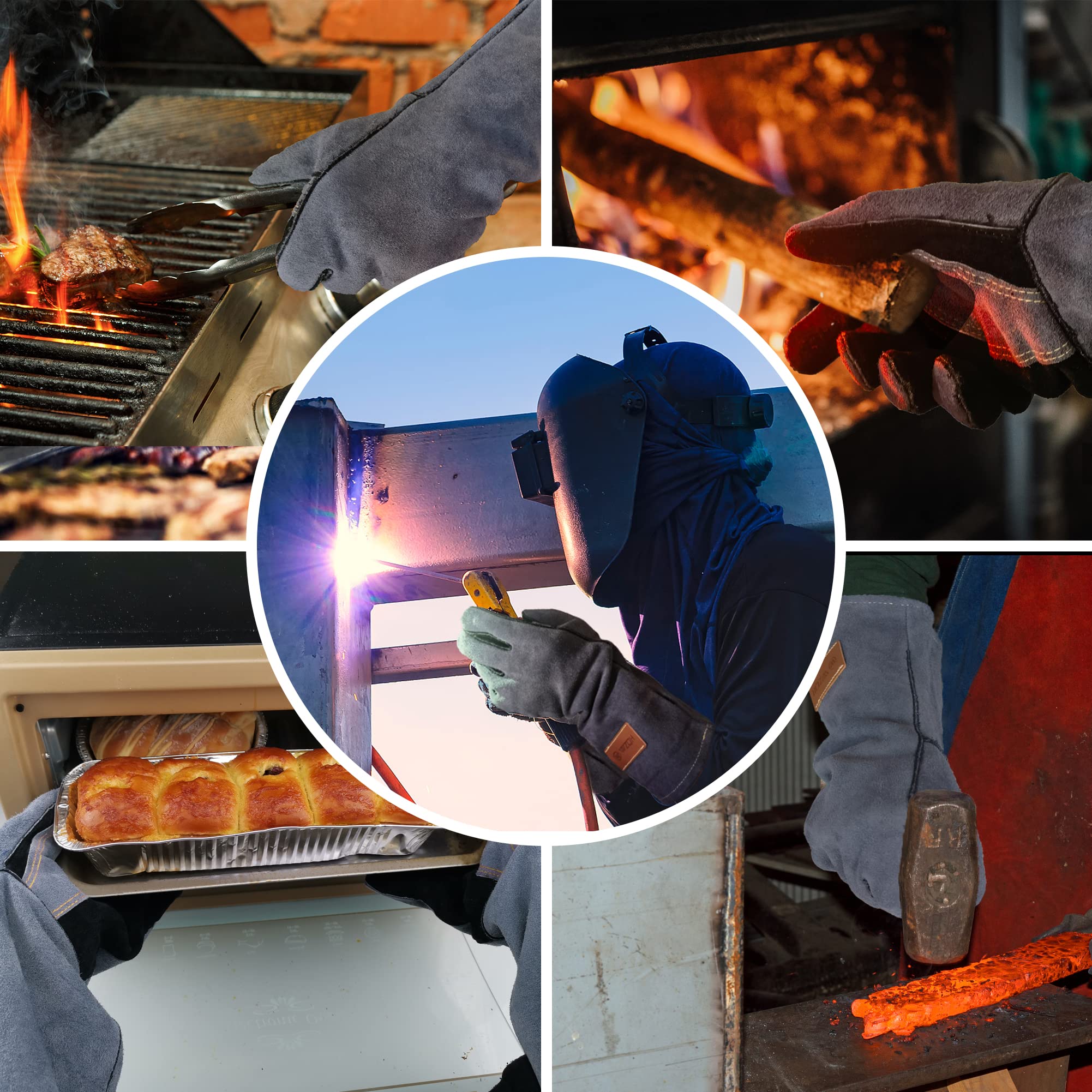 WZQH 16 Inches,932℉,Leather Forge Welding Gloves, Heat/Fire Resistant,Mitts for BBQ,Oven,Grill,Fireplace,Tig,Mig,Baking,Furnace,Stove,Pot Holder,Animal Handling Glove.Black-Gray