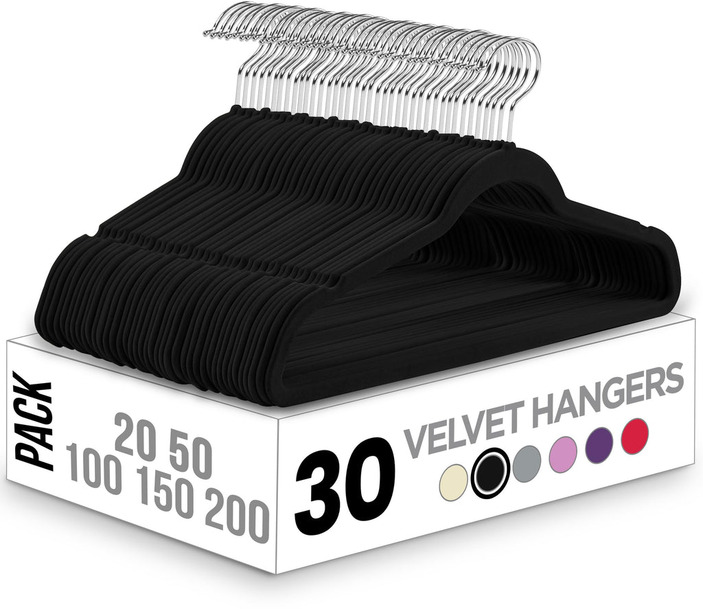 Utopia Home Velvet Hangers 30 Pack, Heavy Duty, Non-Slip, Space Saving Felt Clothes Hangers with 360° Hook & Notches (Black)