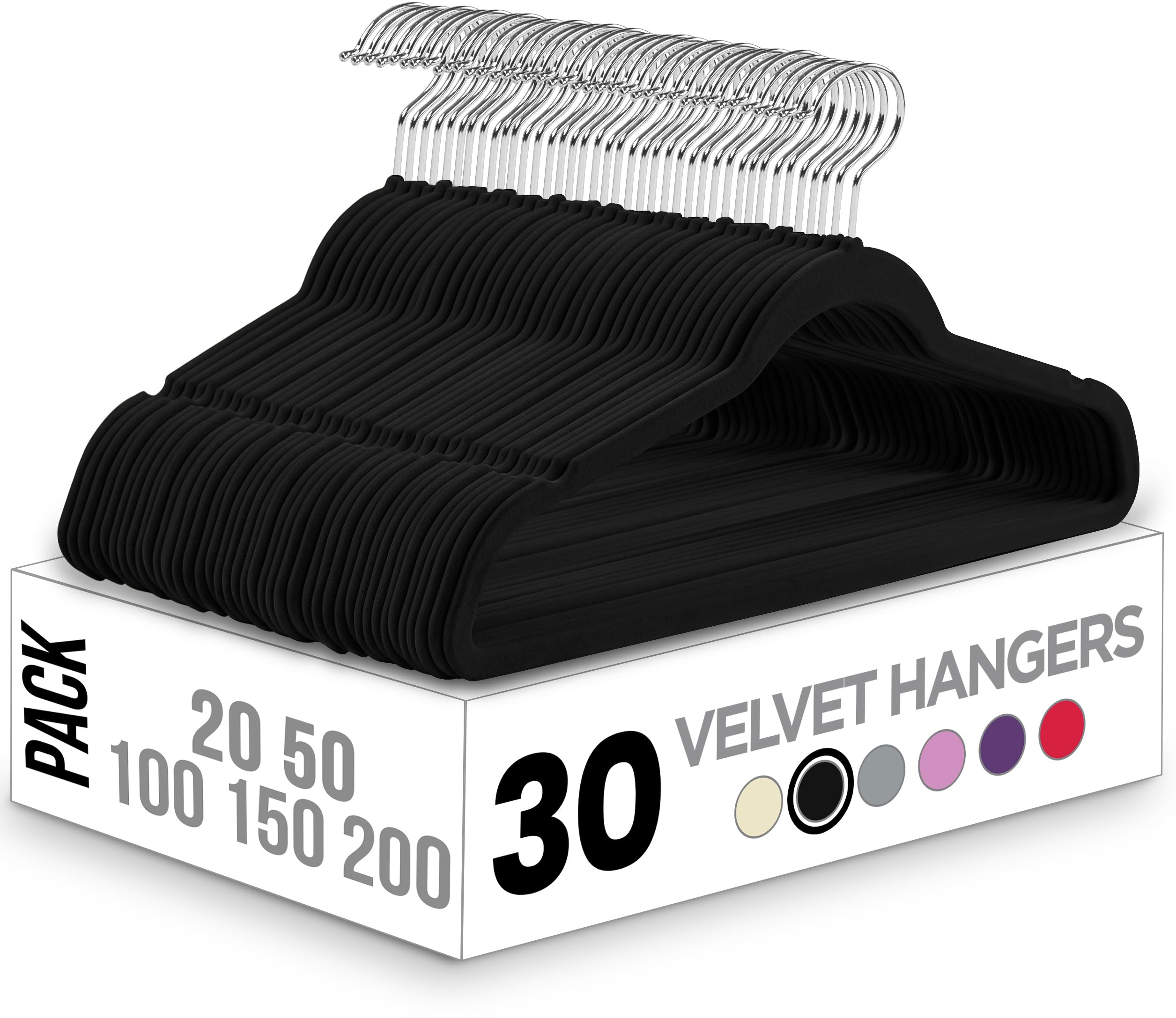 Utopia Home Velvet Hangers 30 Pack, Heavy Duty, Non-Slip, Space Saving Felt Clothes Hangers with 360° Hook & Notches (Black)
