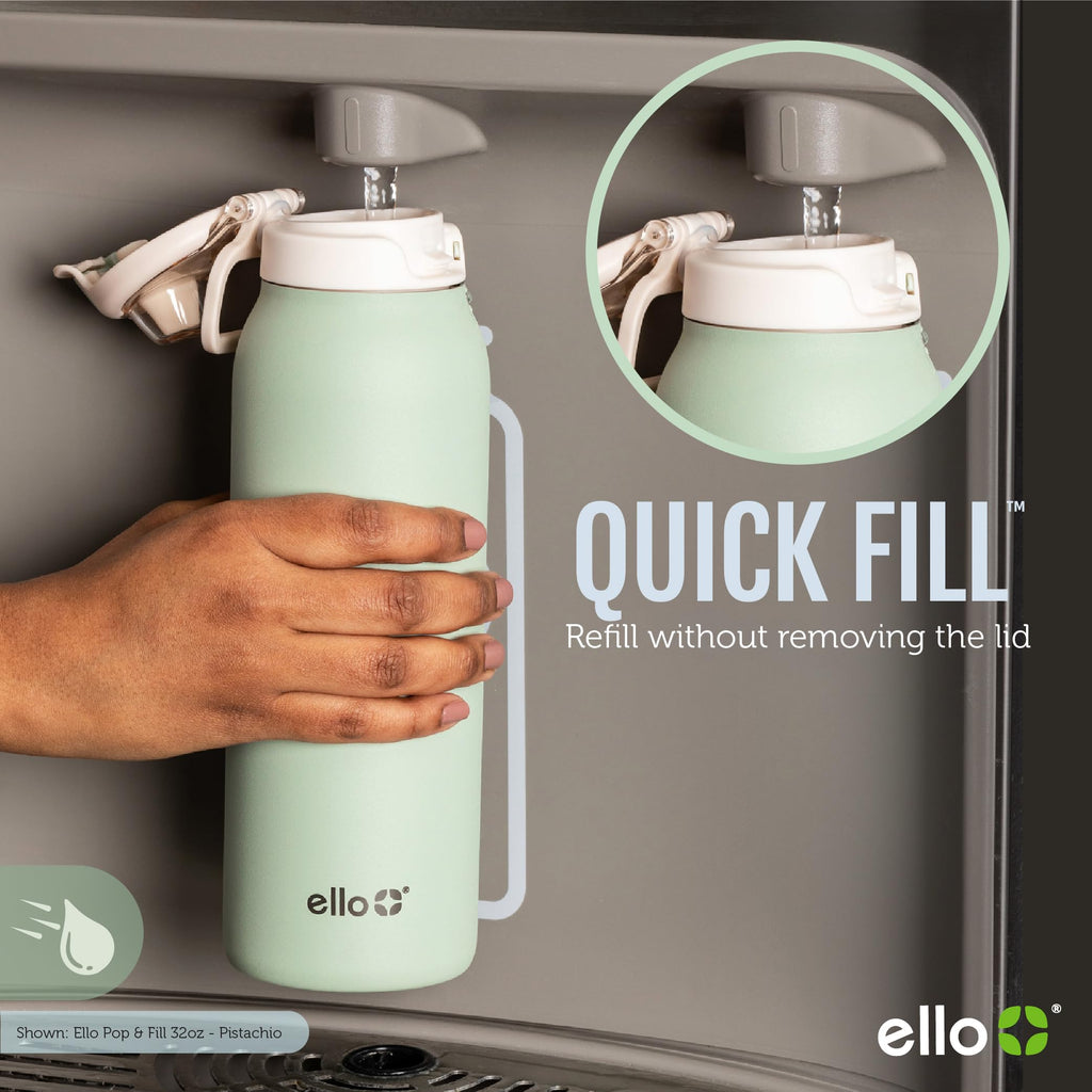 Ello Pop & Fill 32oz Stainless Steel Water Bottle with QuickFill Technology, Double Walled and Vacuum Insulated Metal, Leak Proof Locking Lid, Straw and Chug, Reusable, BPA Free, Gloss Daisies