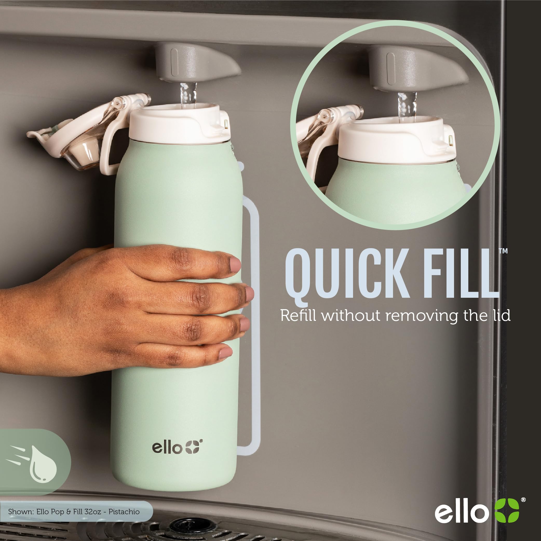 Ello Pop & Fill 32oz Stainless Steel Water Bottle with QuickFill Technology, Double Walled and Vacuum Insulated Metal, Leak Proof Locking Lid, Straw and Chug, Reusable, BPA Free, Gloss Daisies