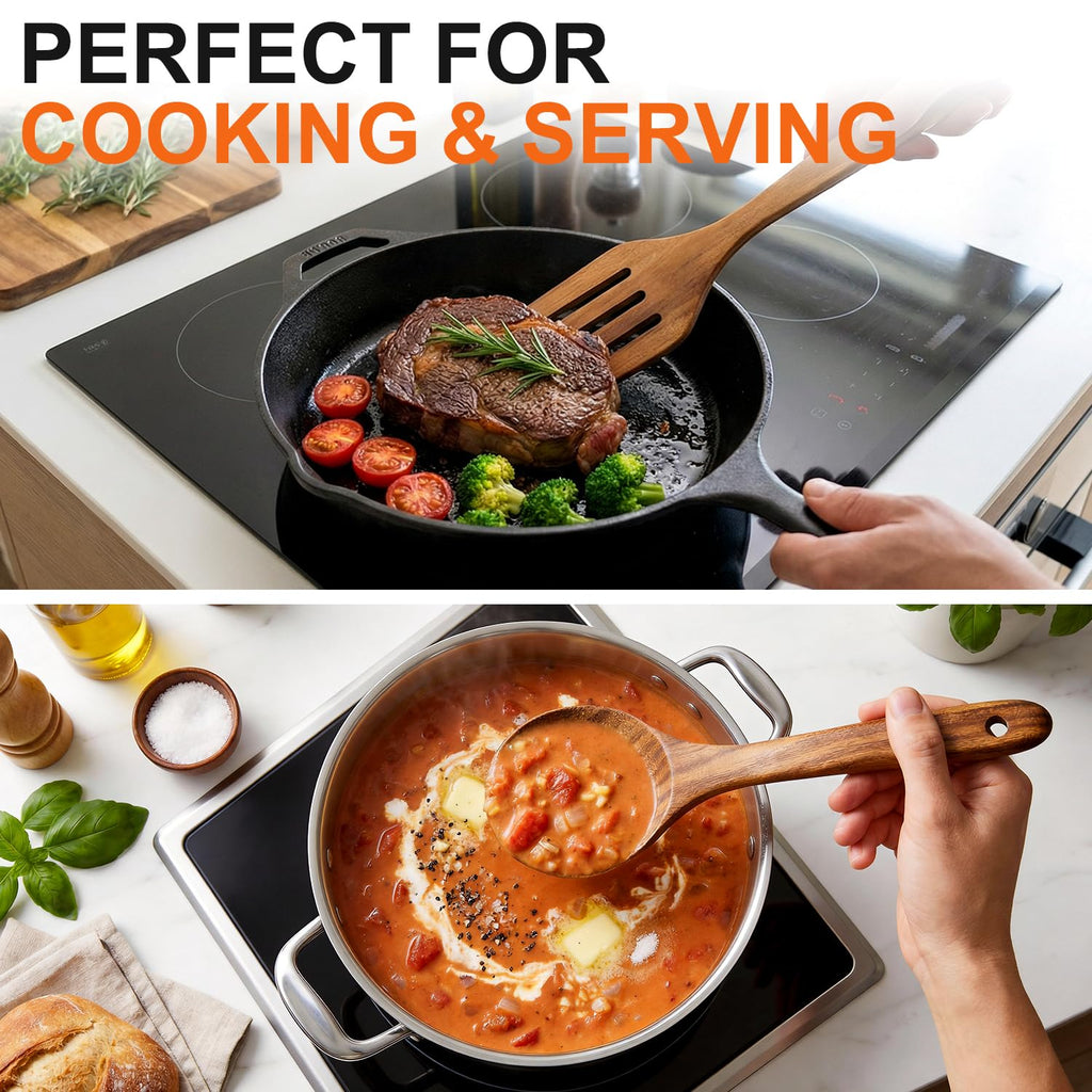 5 Pcs Best Wooden Spoons for Cooking Kitchen Utensils Set Non Stick Spoon Acacia Wood Utensil Cooking Spatula Turner Slotted Spoon Flat Wooden Spatula Set Mixing Cooking Spoons Kitchen Utensils