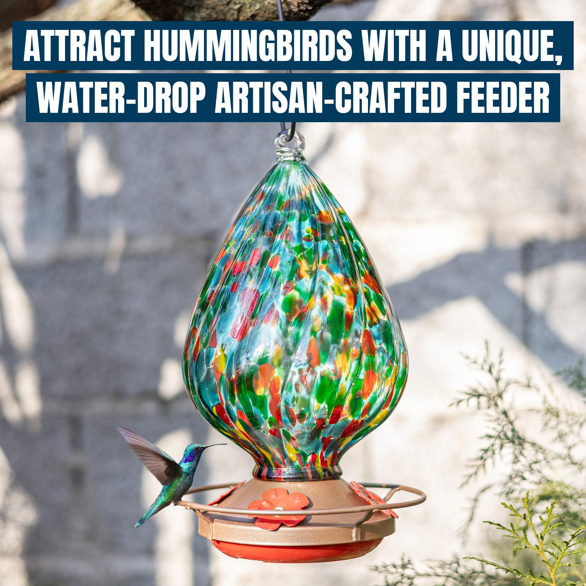 MEKKAPRO Glass Hummingbird Feeder, Hanging Hummingbird Feeders for Outdoors, 4 Feeding Ports, Glass Hummingbird Feeders for Outdoors Hanging, Includes S-Hook and Cleaning Brush (Waterdrop, Green)