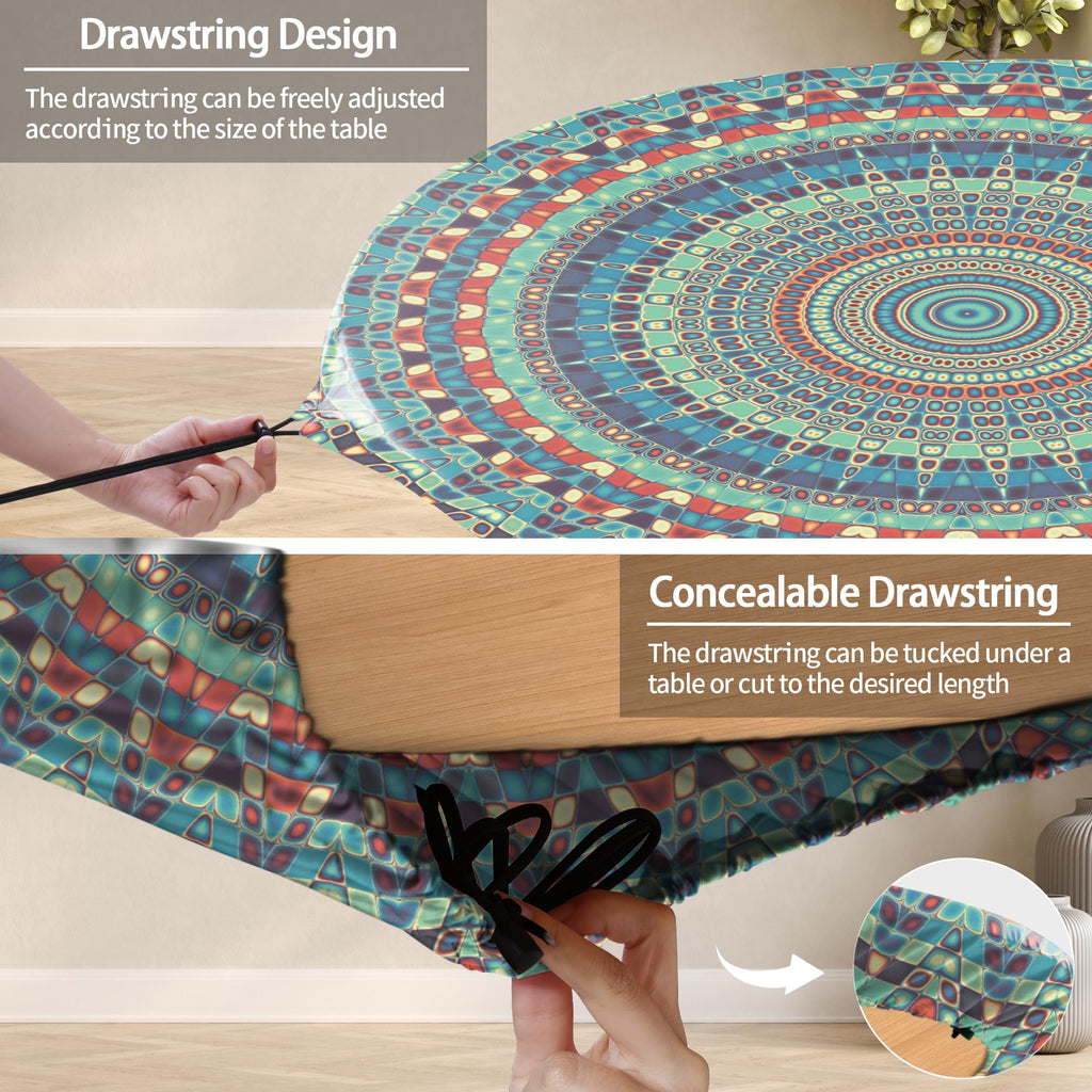 opstellen Boho Vinyl Round Tablecloth Waterproof Fitted Table Cloth Summer Fall Outdoor Circle Cover for 36-44" Tables Kitchen Dining Apartment Essentials Picnic Camping Party Decor Housewarming Gifts