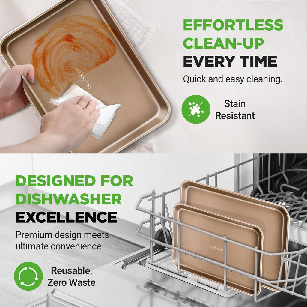 NutriChef Cookie Sheets - 2pc Nonstick Carbon Steel Baking Pan Set, PFOA, PFOS, PTFE Free Coating, Quarter and Jelly Roll Oven Trays, Great for Cookies, Roasting and More