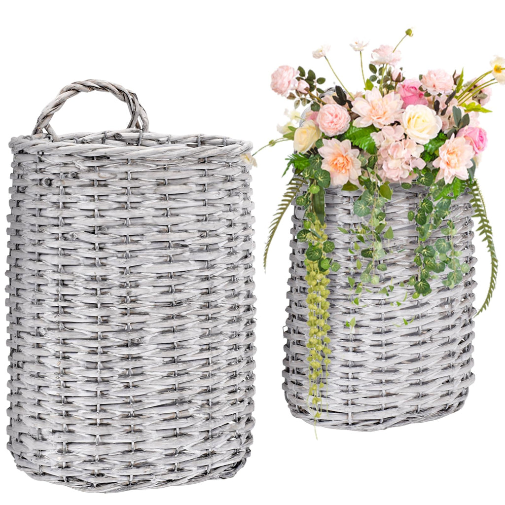 Coloch Set of 2 Wall Hanging Wicker Basket, Farmhouse Garden Hanging Planter Decorative Front Door Hanger Woven Rattan Flower Basket for Wall, Door, Living Room, Patio, 2 Sizes