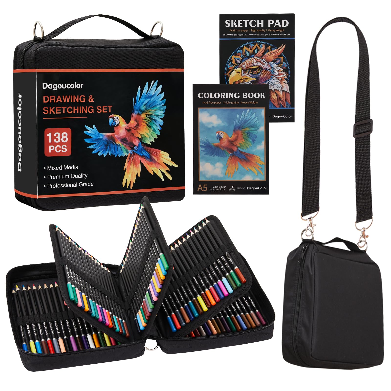 DagouColor Drawing Pencils in Shoulder Bag, 136 Colored Pencils Drawing Kit, Sketching Set with 3-Color Sketchbook, Coloring Book, Art Supplies for Artists Beginners Professionals Drawing Media