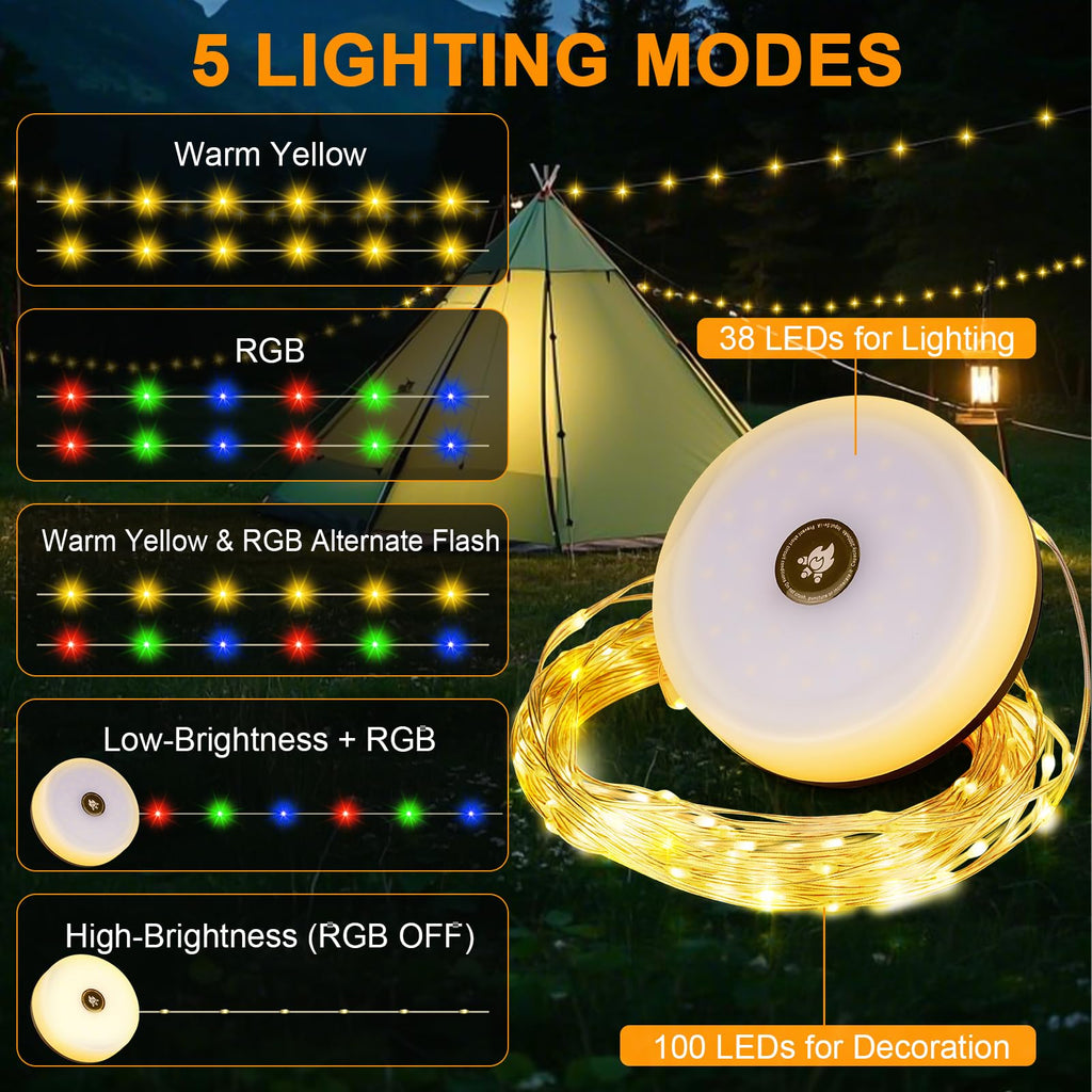 RISEMART Camping String Lights Rollable 10M, Camping Lamp with Solar Charging Waterproof Portable Rollable String Lights Outdoor with 5 Lighting Modes for Hiking and Yard Decoration