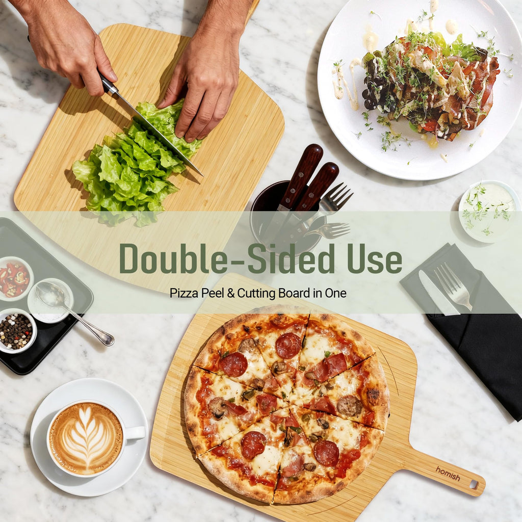Homish Bamboo Pizza Peel with Size Markings – 10”,12”,14 inch Wood Pizza Paddle Turner with Easy-Grip Handle for Sliding in Oven | Non Stick Board for Homemade Baking,Serving, Cutting Bread & Pastries