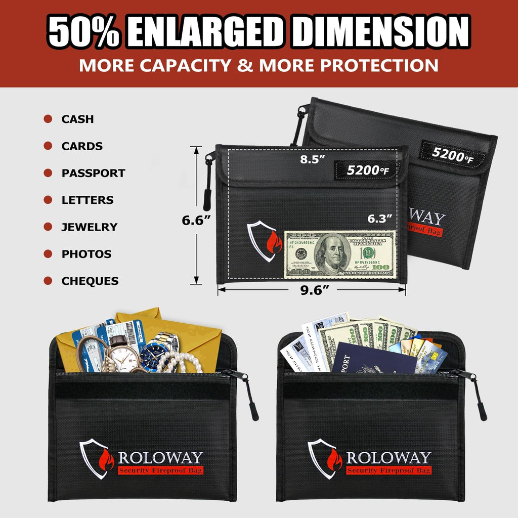 ROLOWAY Fireproof Bag (9.6 x 6.6 inches) 5200°F Heat Insulated, Fireproof Money Bag with Zipper for Cash, Fireproof Safe Bank Bag, Fireproof Money Organizer for Cash (2-Pack Black)