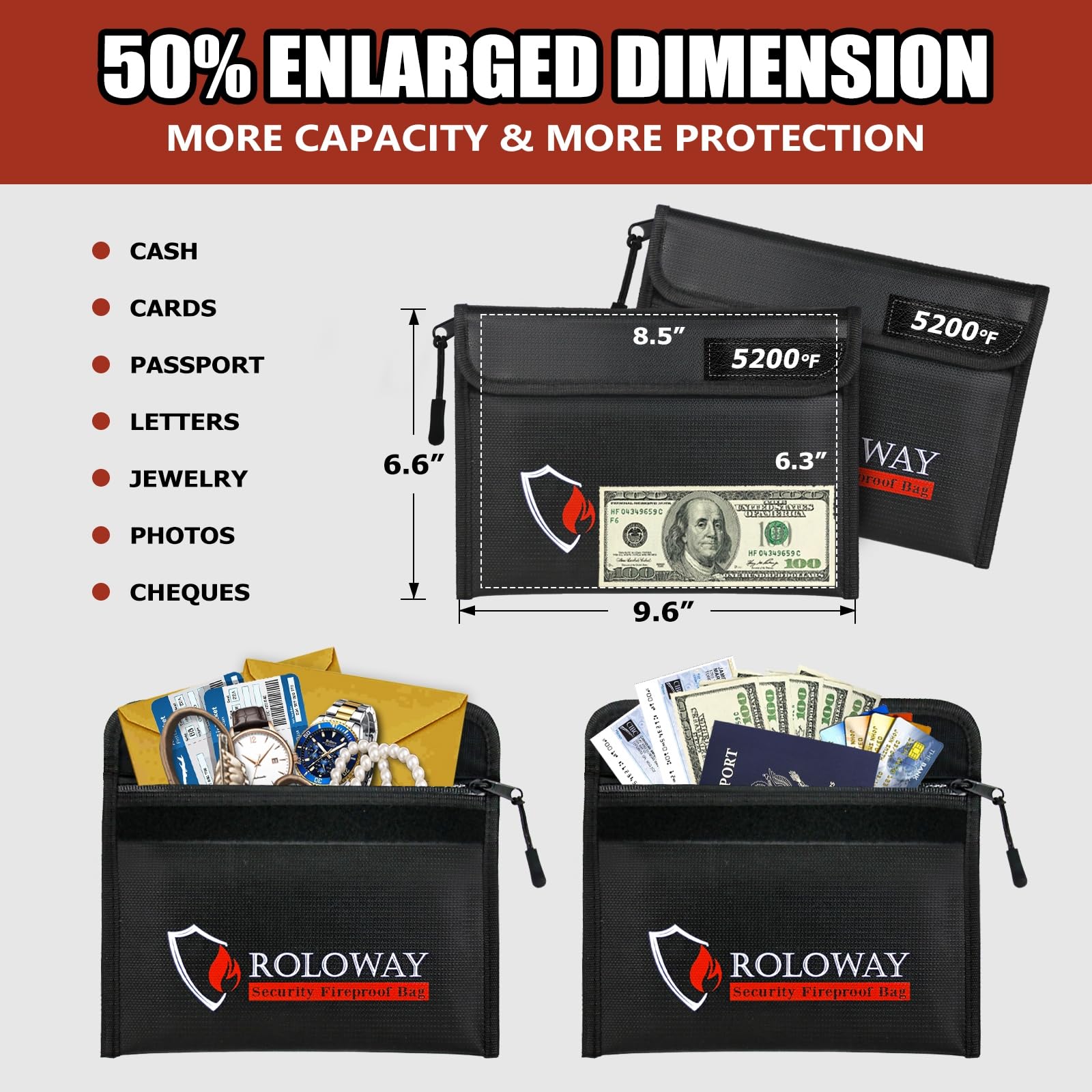 ROLOWAY Fireproof Bag (9.6 x 6.6 inches) 5200°F Heat Insulated, Fireproof Money Bag with Zipper for Cash, Fireproof Safe Bank Bag, Fireproof Money Organizer for Cash (2-Pack Black)
