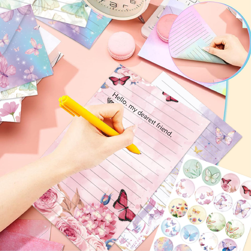 160 Pcs Watercolor Stationery Paper and Envelopes Set, 50 Pcs Butterfly Letter Writing Paper 50 Pcs Matching Envelopes Flower Lined Stationary Paper for Party Girls Office School Supplies