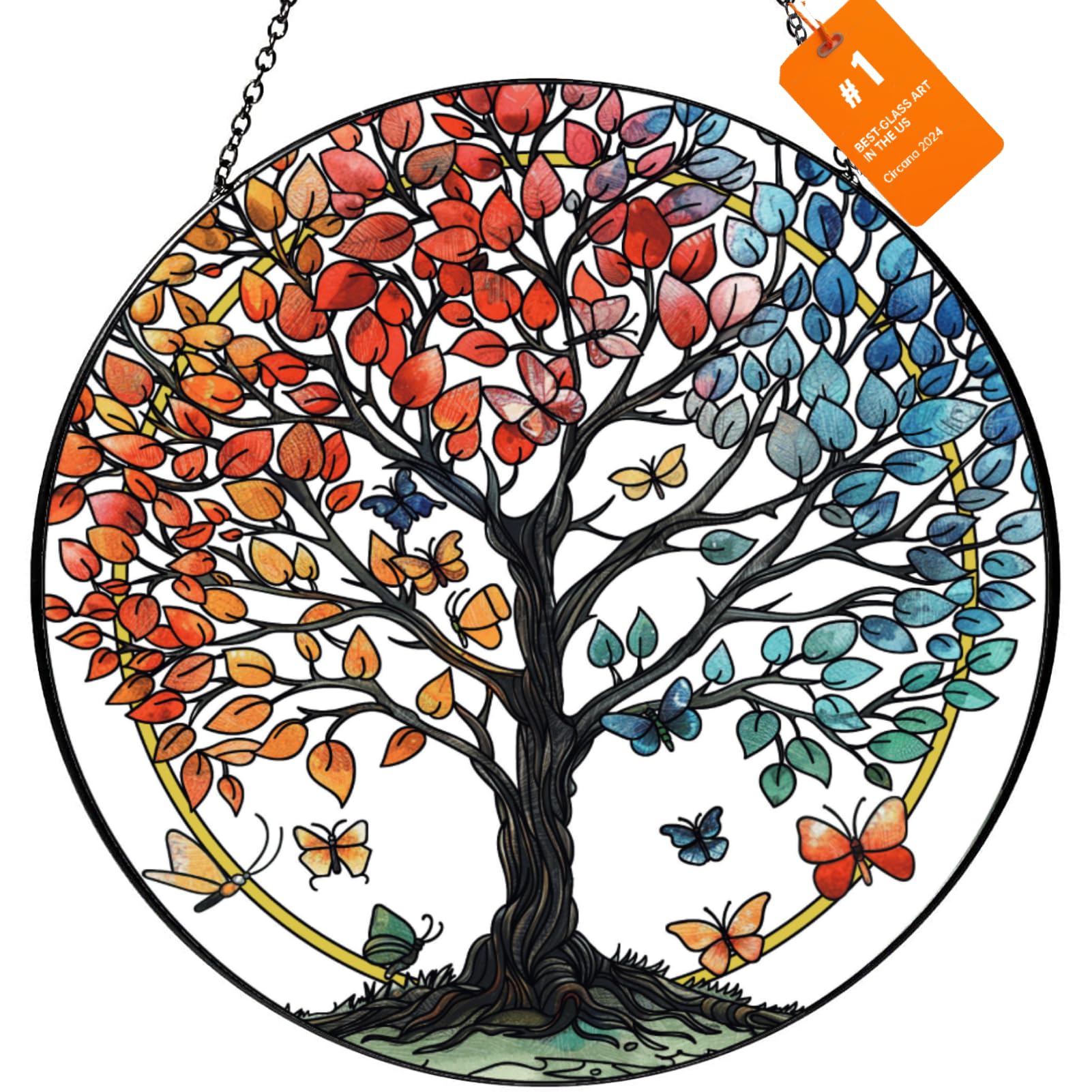 Tree of Life Sun Catcher Suncatcher - Indoor/Outdoor Stained Glass Window Hanging, Handmade Gift for Home Garden Christmas Wedding Housewarming Decor (6.31x6.31 in)