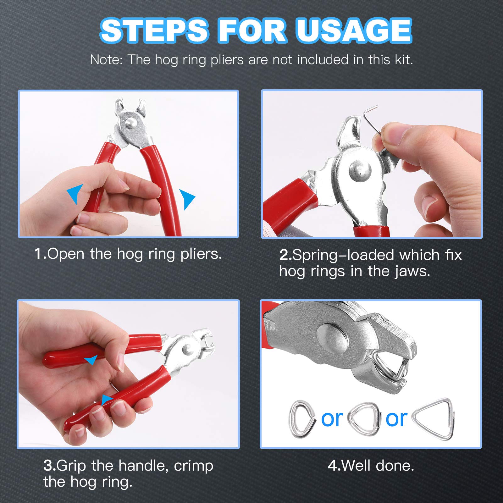Glarks 1000Pcs 3/4'' Upholstery Steel Hog Rings kit for Auto Upholstery, Bungee Cord, Fencing, Animal Pet Cages, Meat Bags, DIY Craft, Furniture and More (3/4'' Hog Rings)