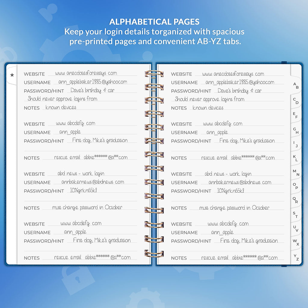 Clever Fox Password Book Spiral – Internet Address & Password Organizer with Laminated Alphabetical Tabs – Password Keeper Journal – Hardcover, Medium Size, 6.1x7.7” (Mystic Blue)