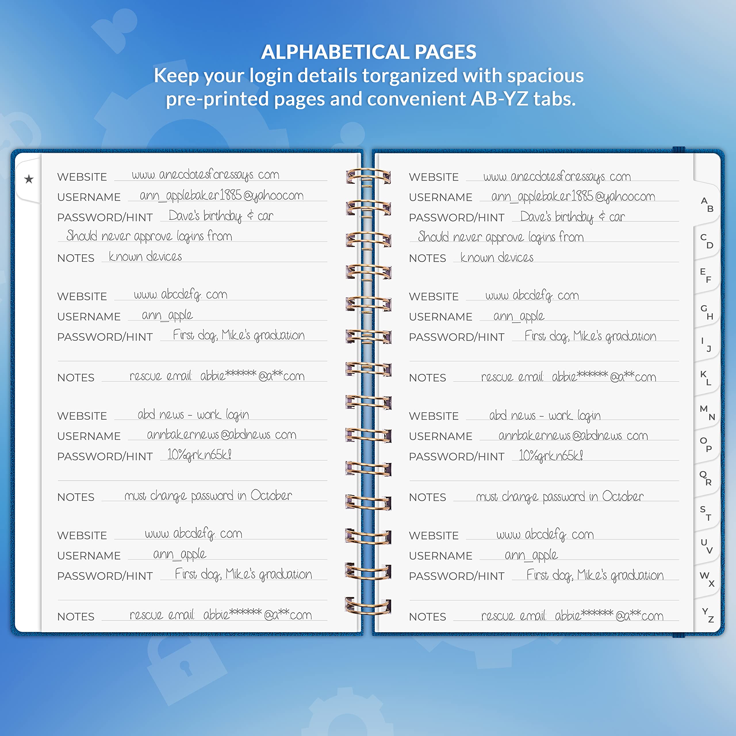 Clever Fox Password Book Spiral – Internet Address & Password Organizer with Laminated Alphabetical Tabs – Password Keeper Journal – Hardcover, Medium Size, 6.1x7.7” (Mystic Blue)