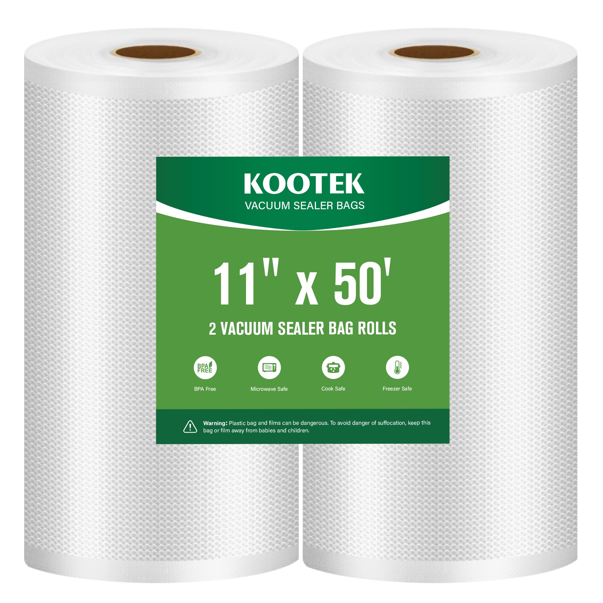 Kootek Vacuum Sealer Bags for Food, 2 Rolls for Custom Fit Food Storage, Meal Prep or Sous Vide, 11"x50' Commercial Grade Vacuum Seal Freezer Bags Rolls