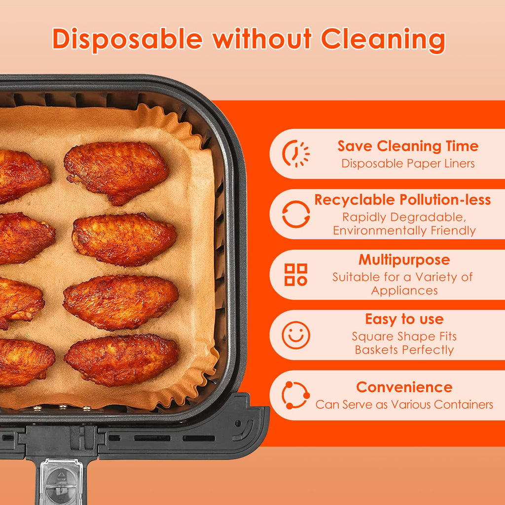 200PCS Air Fryer Paper Liners, 9.5 Inch amxus Square Air Fryer Disposable Paper Liners, Non-Stick, Oil-Proof, Food Grade Paper Liner for Baking Roasting Microwave