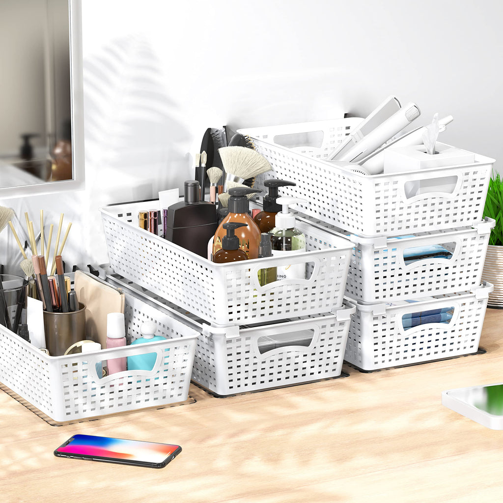 Simple Houseware Stackable Plastic Woven Basket Storage and Pantry Organizer Bin, 6 Pack, White