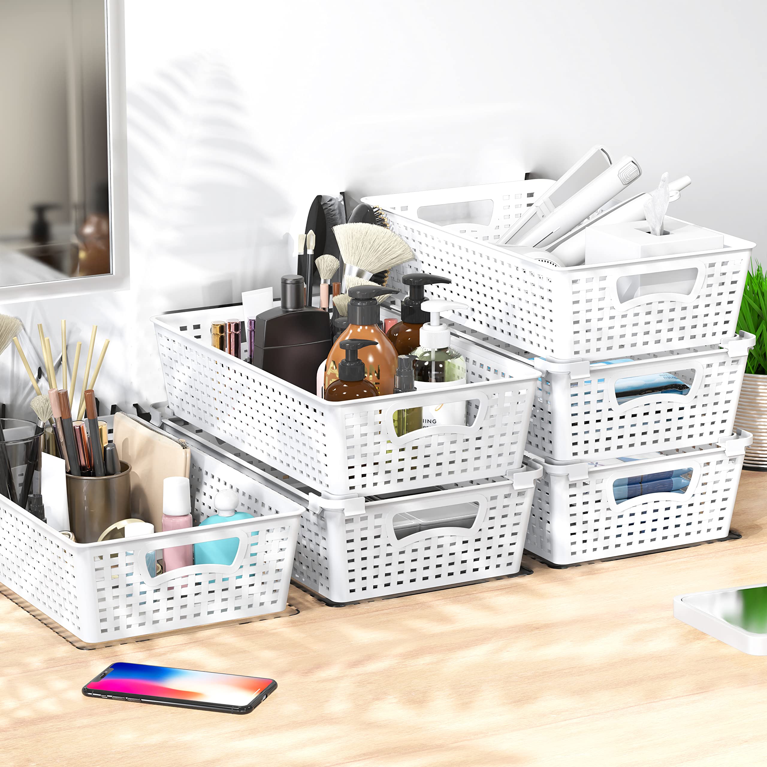Simple Houseware Stackable Plastic Woven Basket Storage and Pantry Organizer Bin, 6 Pack, White