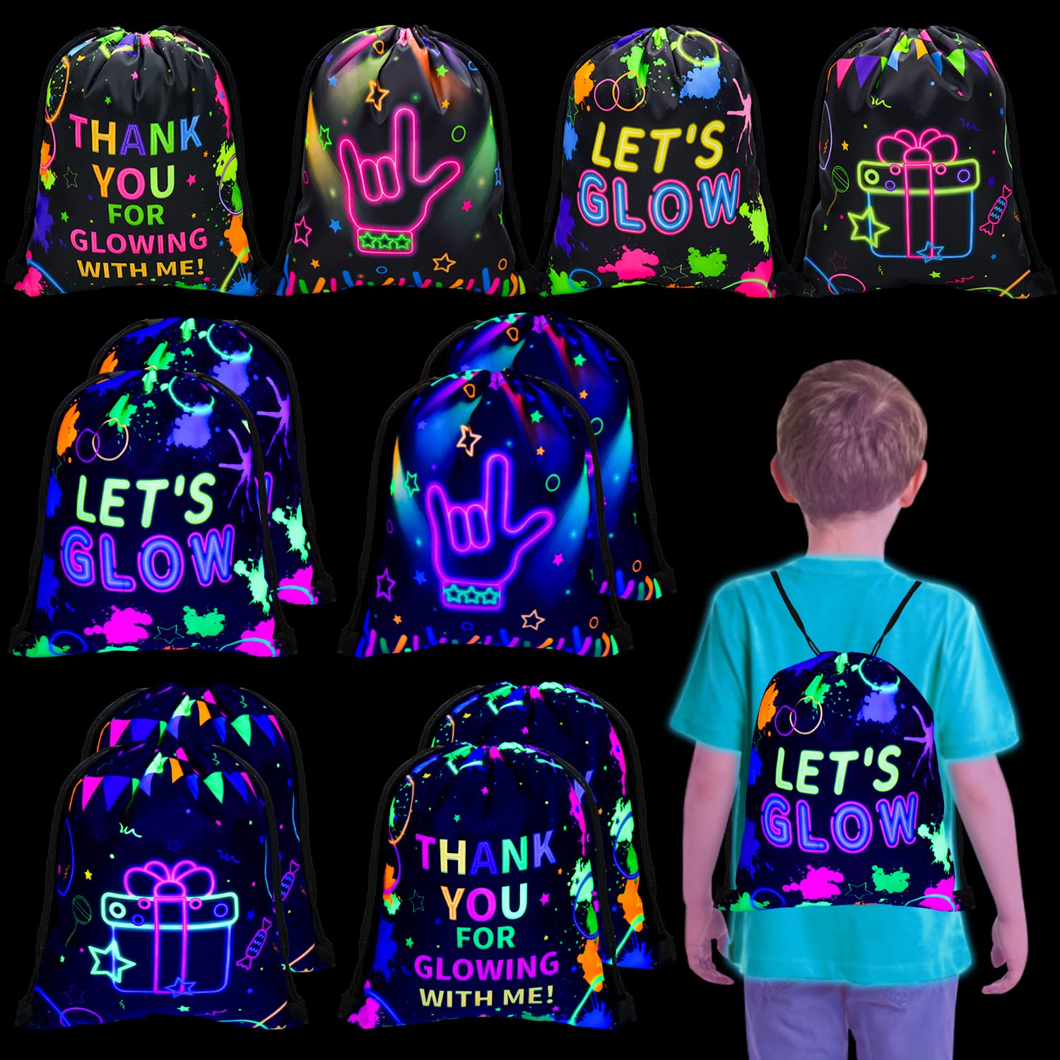 12 Pcs Neon Drawstring Gift Bags Glow Backpacks Goodie Bags Glow Party Supplies Favor Bags for Birthday Party Let’s Glow Party Decorations Glow in The Dark Party Supplies