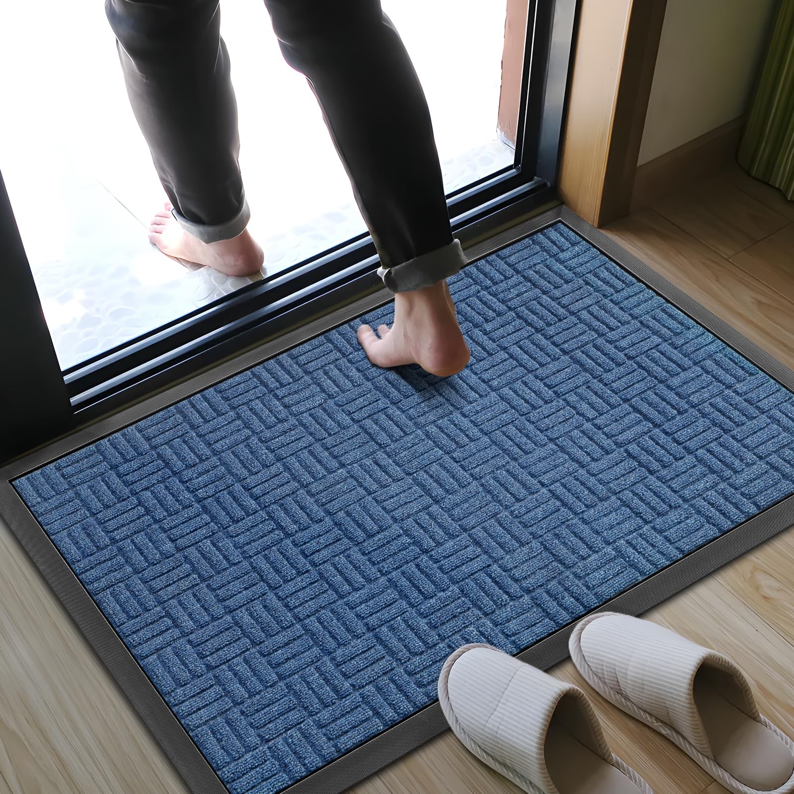 Mibao Front Door Mat, Heavy Duty Durable Welcome Mat for Outdoor Indoor, Dirt Trapper Waterproof Super Absorbent Door Mat for Entryway Outside Patio Porch, 29.5" x 17", Blue