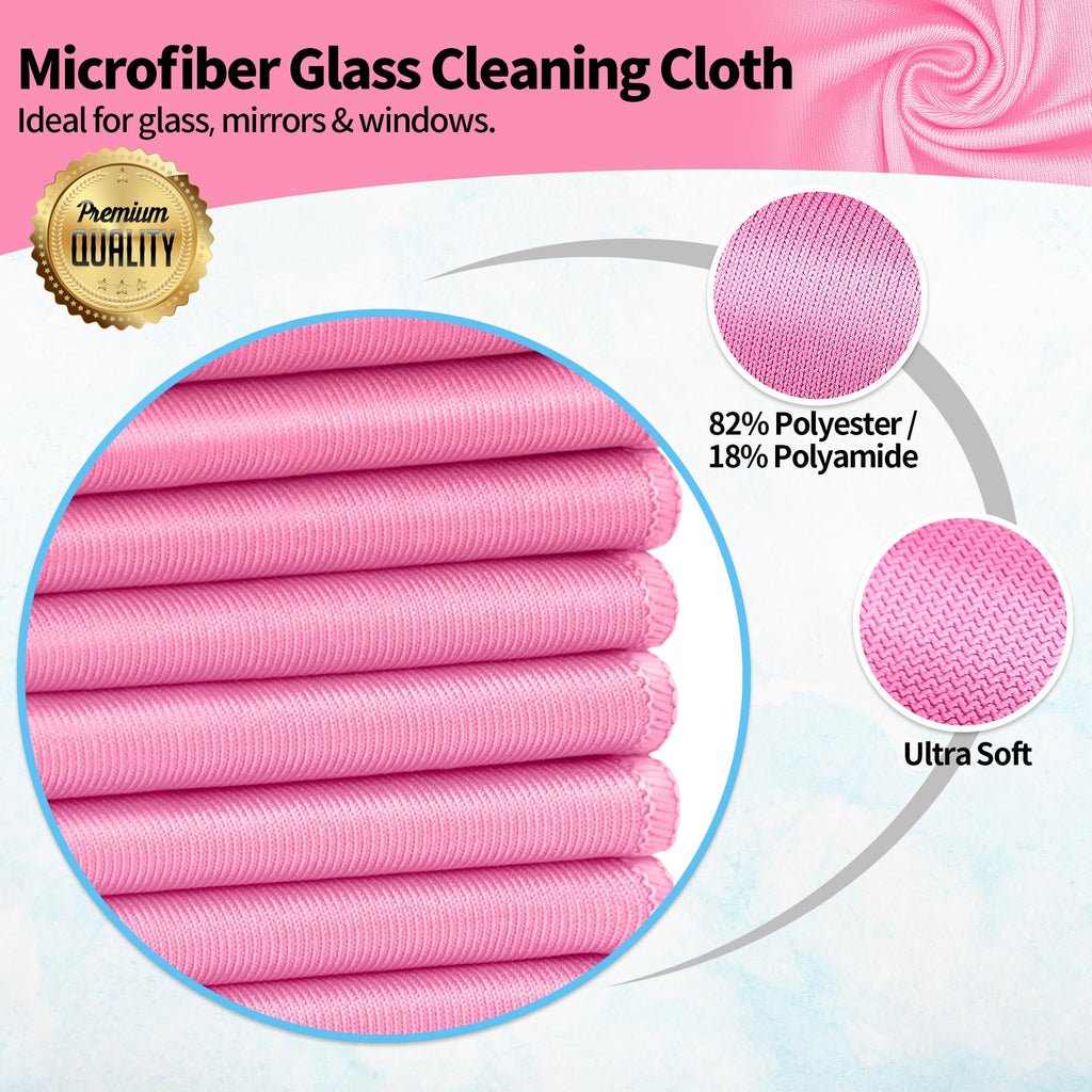 HOMERHYME Microfiber Cleaning Cloth - 10 Pack Glasses Cleaning Cloth, 16" x 14" Window Cleaning Rags, Streak Free Lint Free Polishing Cloths Wipes for Eye Glass, Stainless Steel, Windshield, Pink