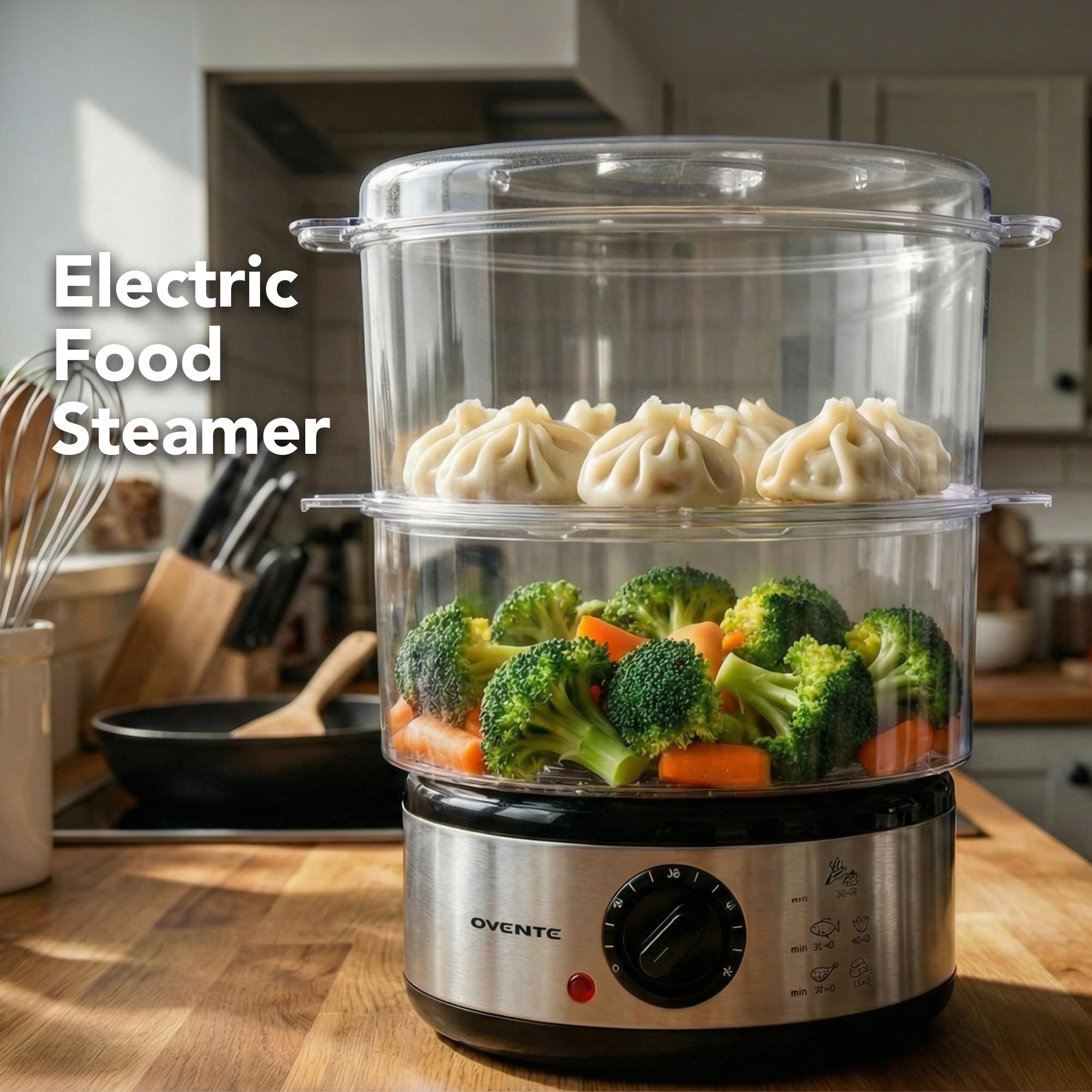 OVENTE 2 Tier Electric Food Steamer for Cooking Vegetables, Stainless Steel Base, Stackable and Dishwasher Safe Baskets, 400W with Auto Shutoff and 60-Minute Timer, 5 Quart Capacity, Silver FS62S