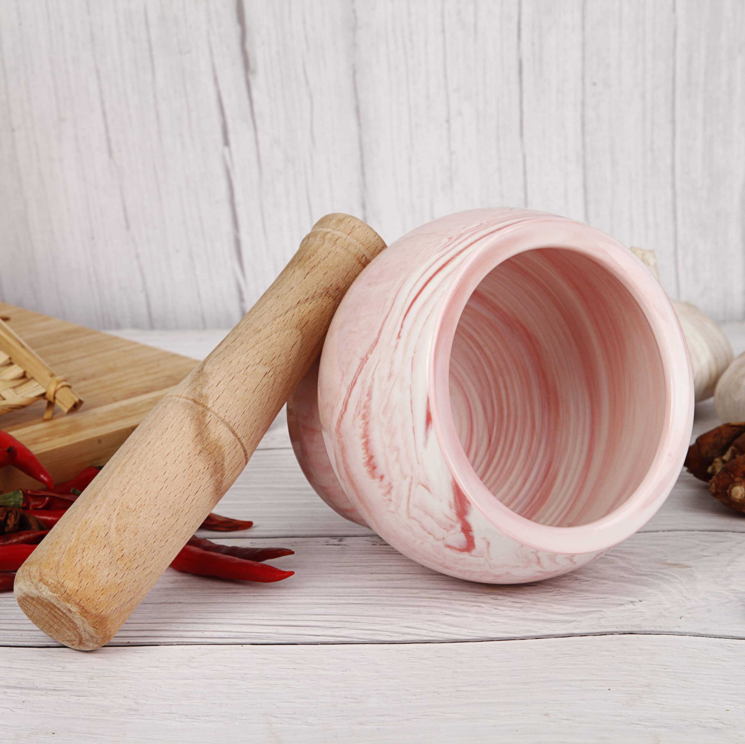 Mortar and Pestle Set- Ceramic Kitchen Mortar and Pestle for Spices, Herbs & More- Durable Mortar with Anti-Slip Base and Sturdy Wooden Pestle with Finest Grinding Ability- 2.6 Cups Capacity