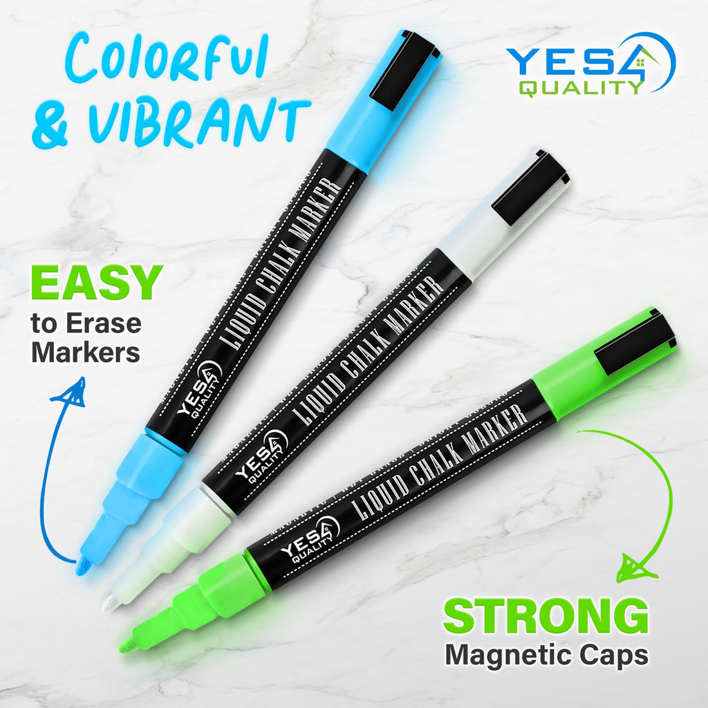 Magnetic Black Dry Erase Board for Fridge - 48 x 33 cm - Stain Resistant with 3 Magnetic, Fine Tip Neon Chalk Markers & Eraser - by Yes4Quality