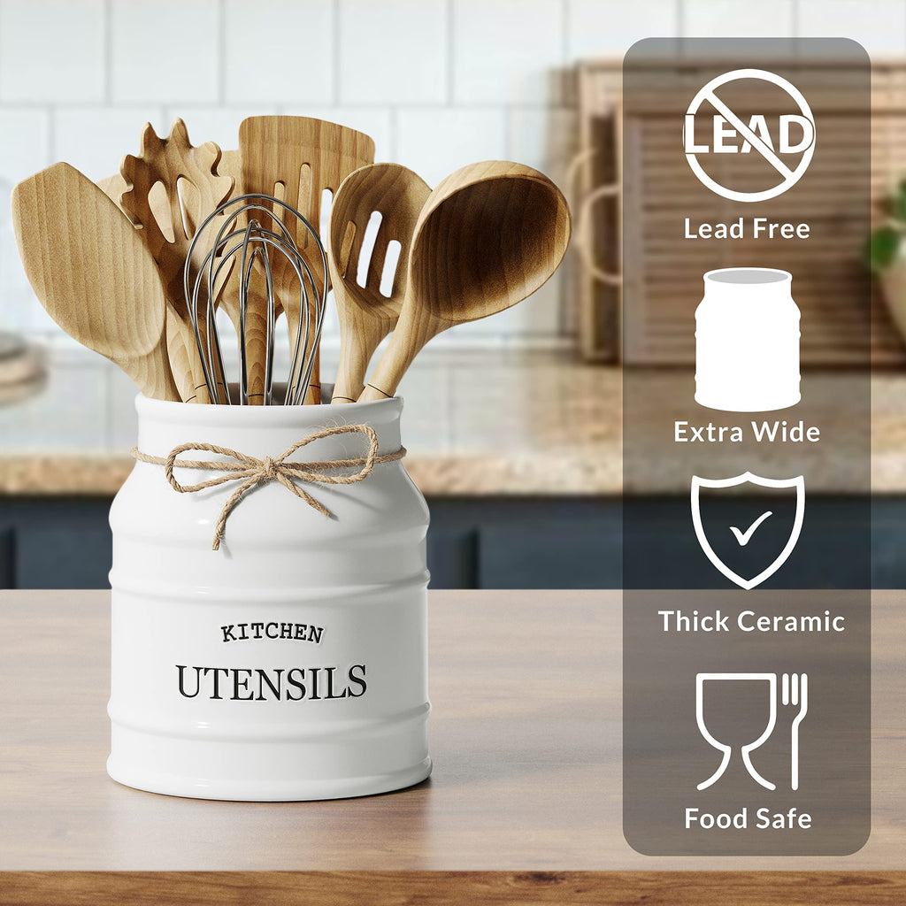 Barnyard Designs Ceramic Utensil Crock Holder for Kitchen Counter, Rustic Farmhouse Countertop Decor, French Country Organizer for Cooking Utensils, Spatulas and Mixing Spoons (White)