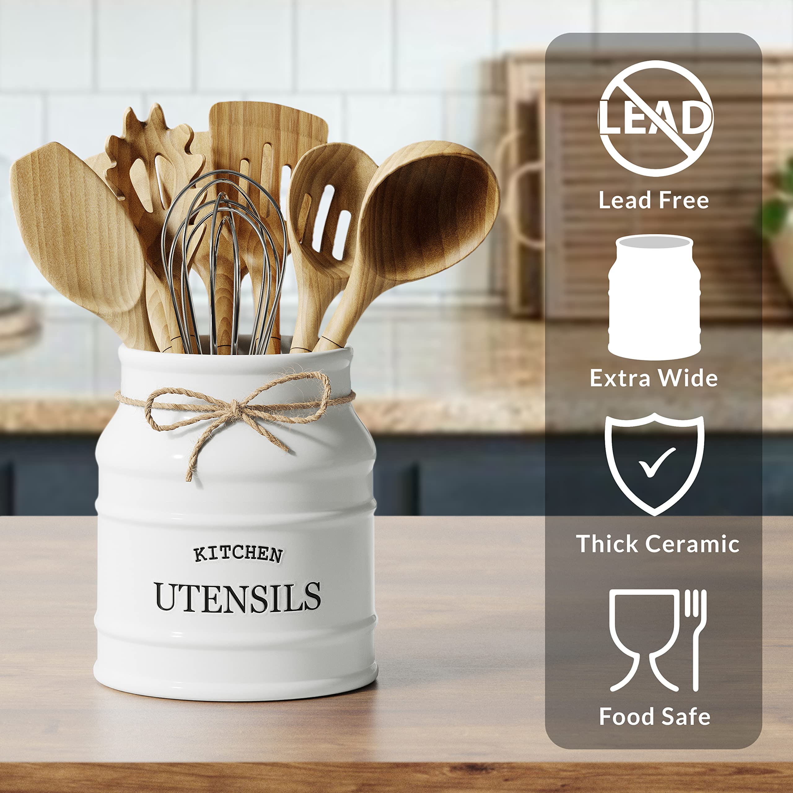 Barnyard Designs Ceramic Utensil Crock Holder for Kitchen Counter, Rustic Farmhouse Countertop Decor, French Country Organizer for Cooking Utensils, Spatulas and Mixing Spoons (White)