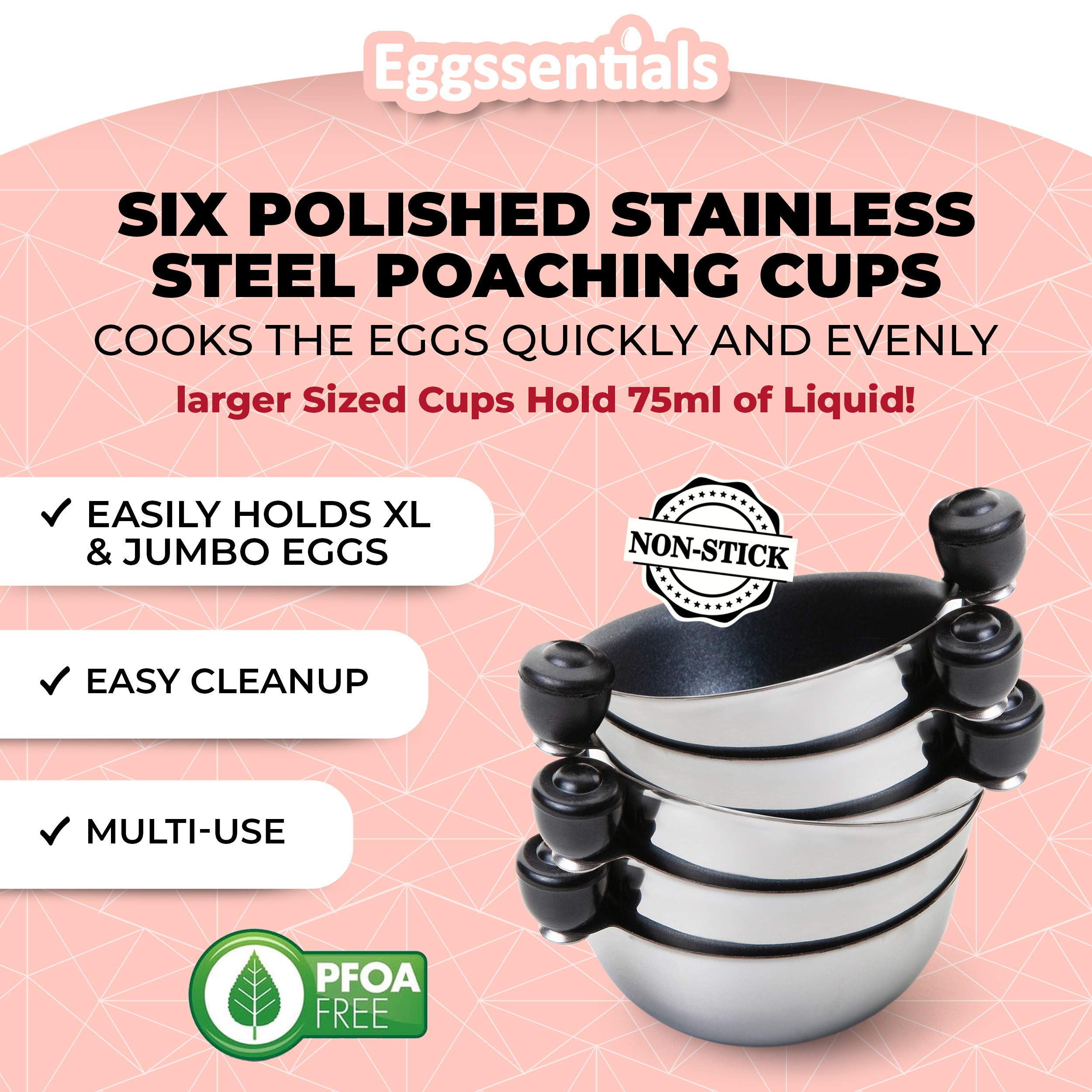Eggssentials Egg Poacher Replacement Spare Stainless Steel 68mm in Diameter Anti-Stick PFOA Free Individual Removable Poaching Cups (6)
