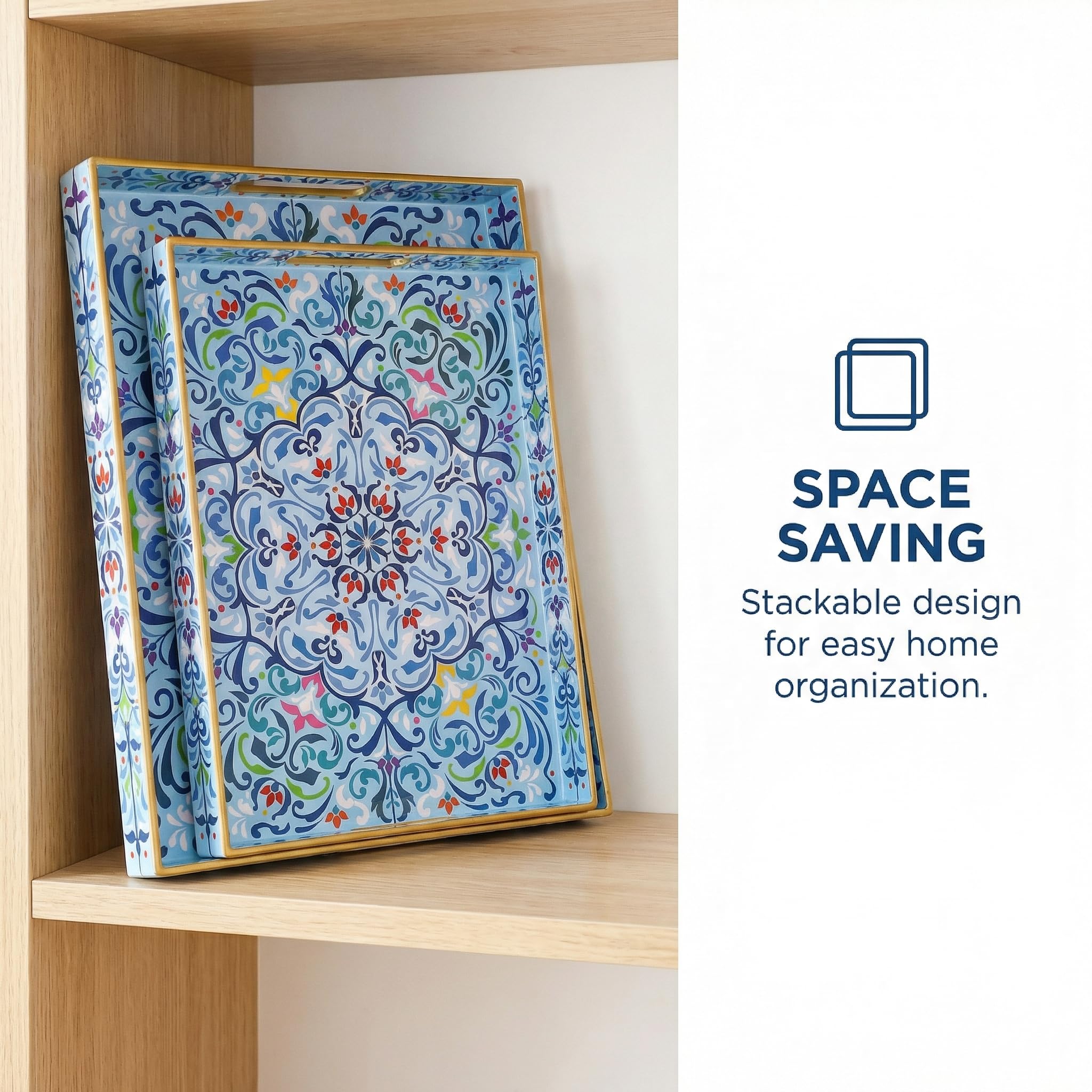 Hiceeden Set of 2 Boho Floral Serving Tray with Handles, 15.7" x 11.8" Decorative Plastic Ottoman Tray, Modern Large Coffee Table Server for Living Room, Bathroom, Rectangle, Blue