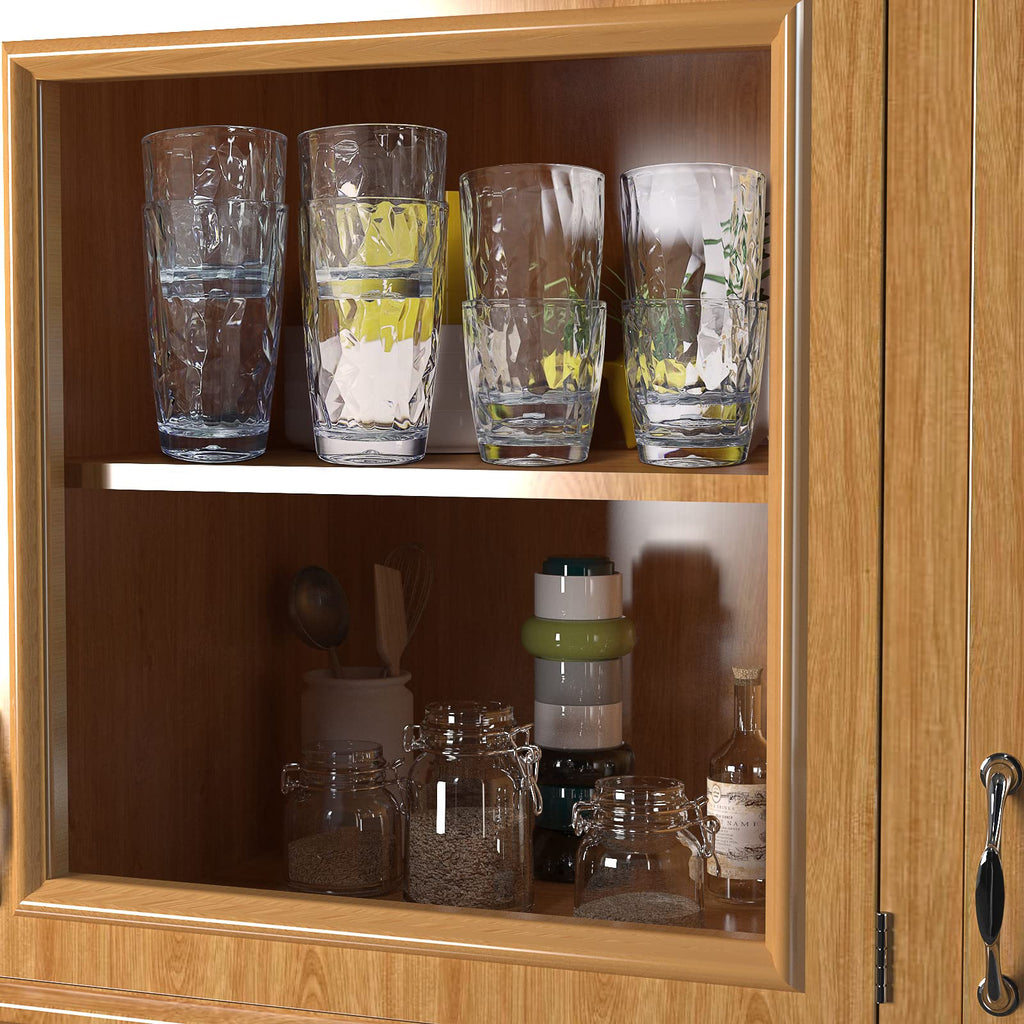 Plastic Water Tumblers | Set of 8 Transparent Unbreakable Drinking Glasses Clear Acrylic Reusable Juice Wine Cups |4 Each: 12-Ounce and 16-Ounce for Home Picnic Party, Dishwasher Safe, Stackable