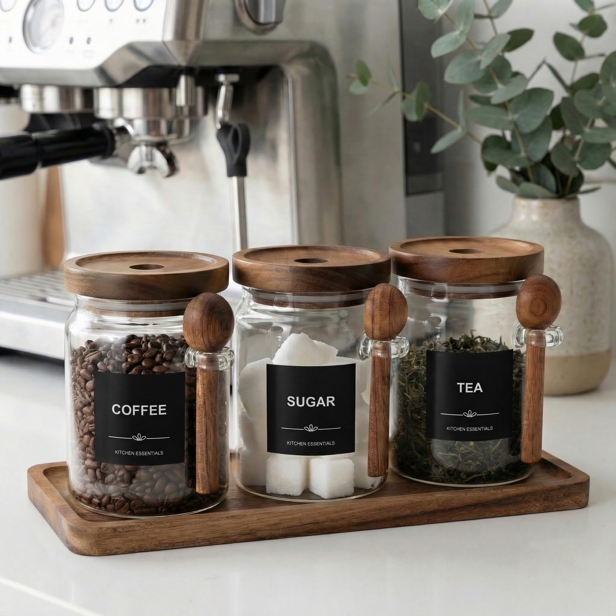 Glass Tea Coffee Sugar Canisters Set, 21oz/600ml Airtight Glass Storage Jars with Lids, Scoops, Labels & Tray, Kitchen Countertop Storage Containers