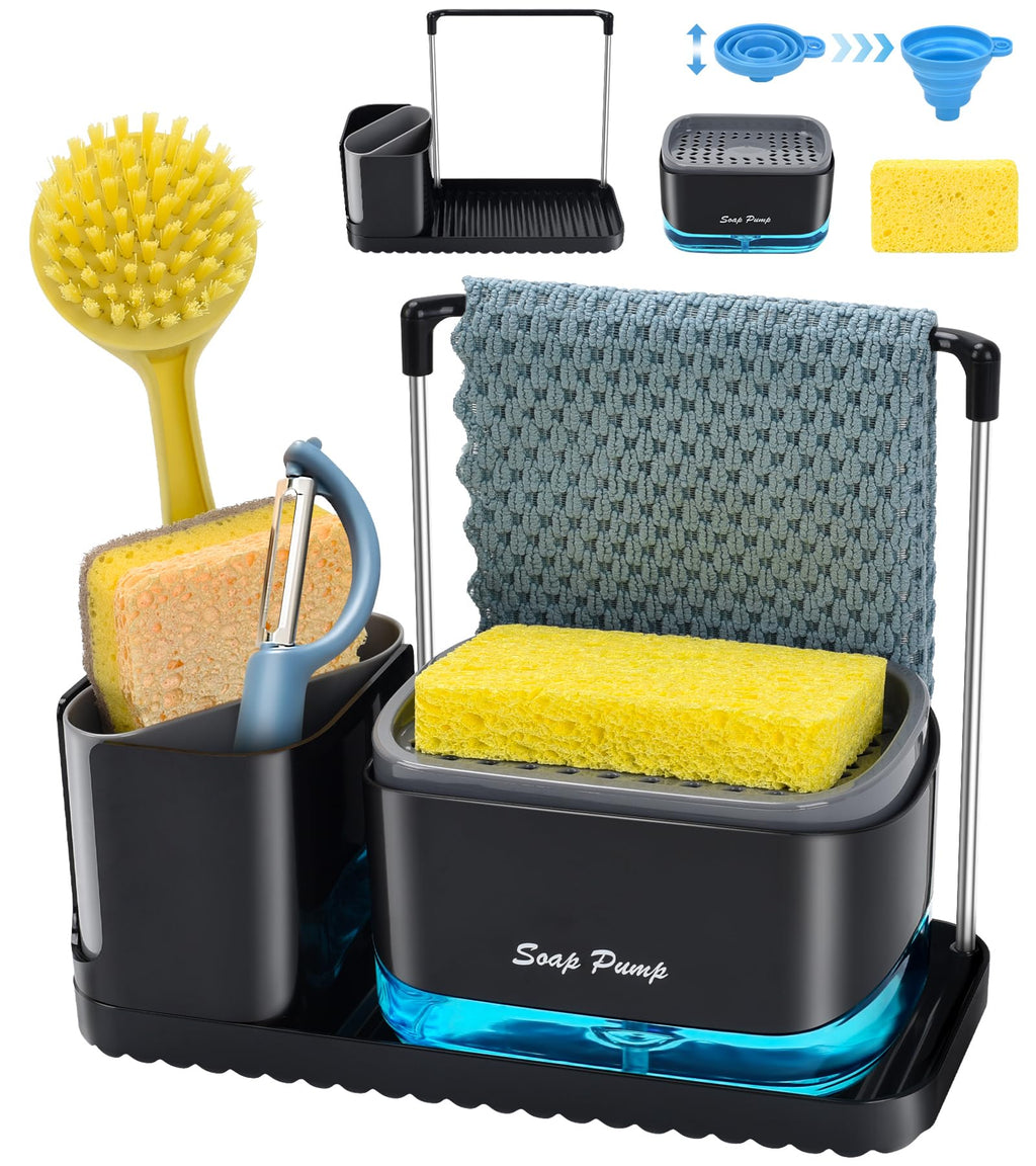 Bestseek Kitchen Soap Dispenser Set with Tray and Sponge Holder, Sink Caddy Organizer with Dishcloth and Dish Brush Holder, for Countertop Storage Organize - Practical Kitchen Gadgets